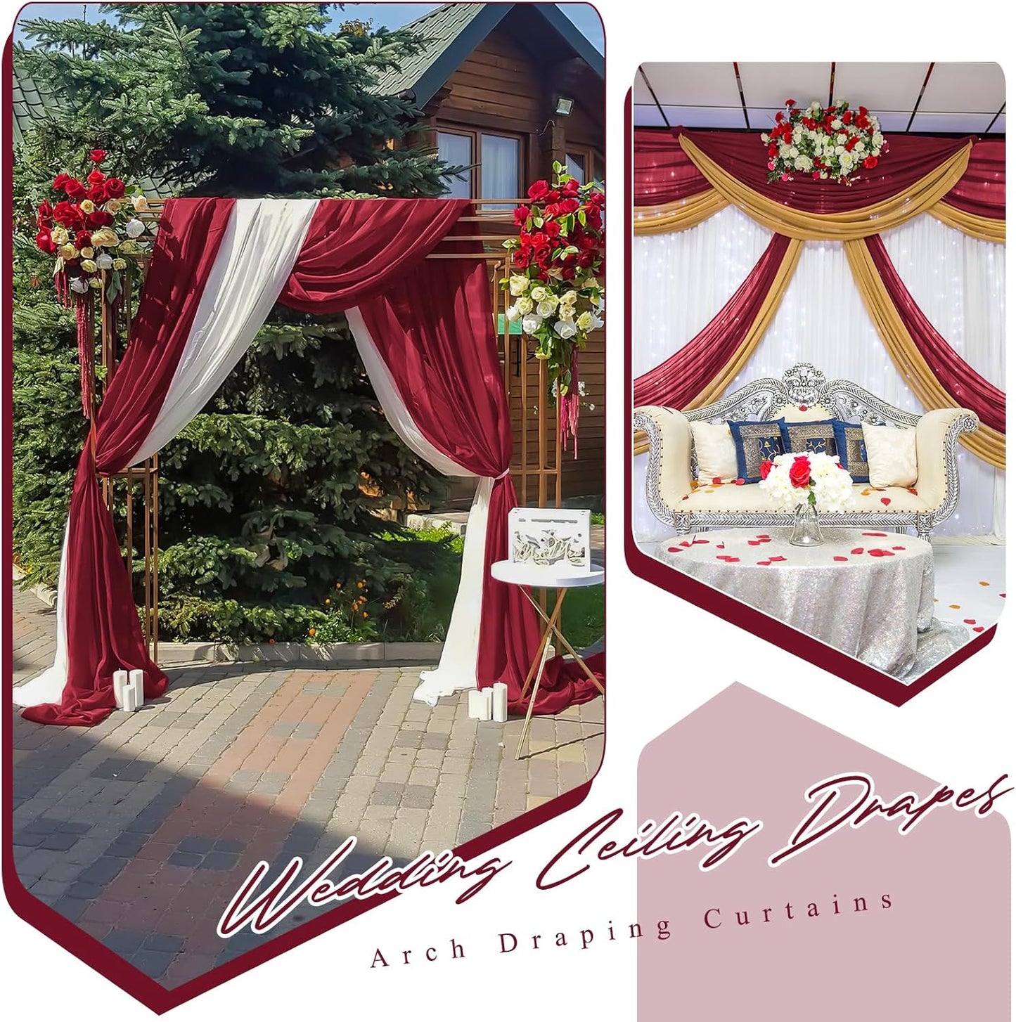 6 Panels Burgundy Ceiling Drapes for Wedding 5ftx20ft Chiffon Fabric Arch Draping Curtains Sheer Drapery for Party Ceremony Birthday Baby Shower Reception Stage Swag Ceiling Decorations