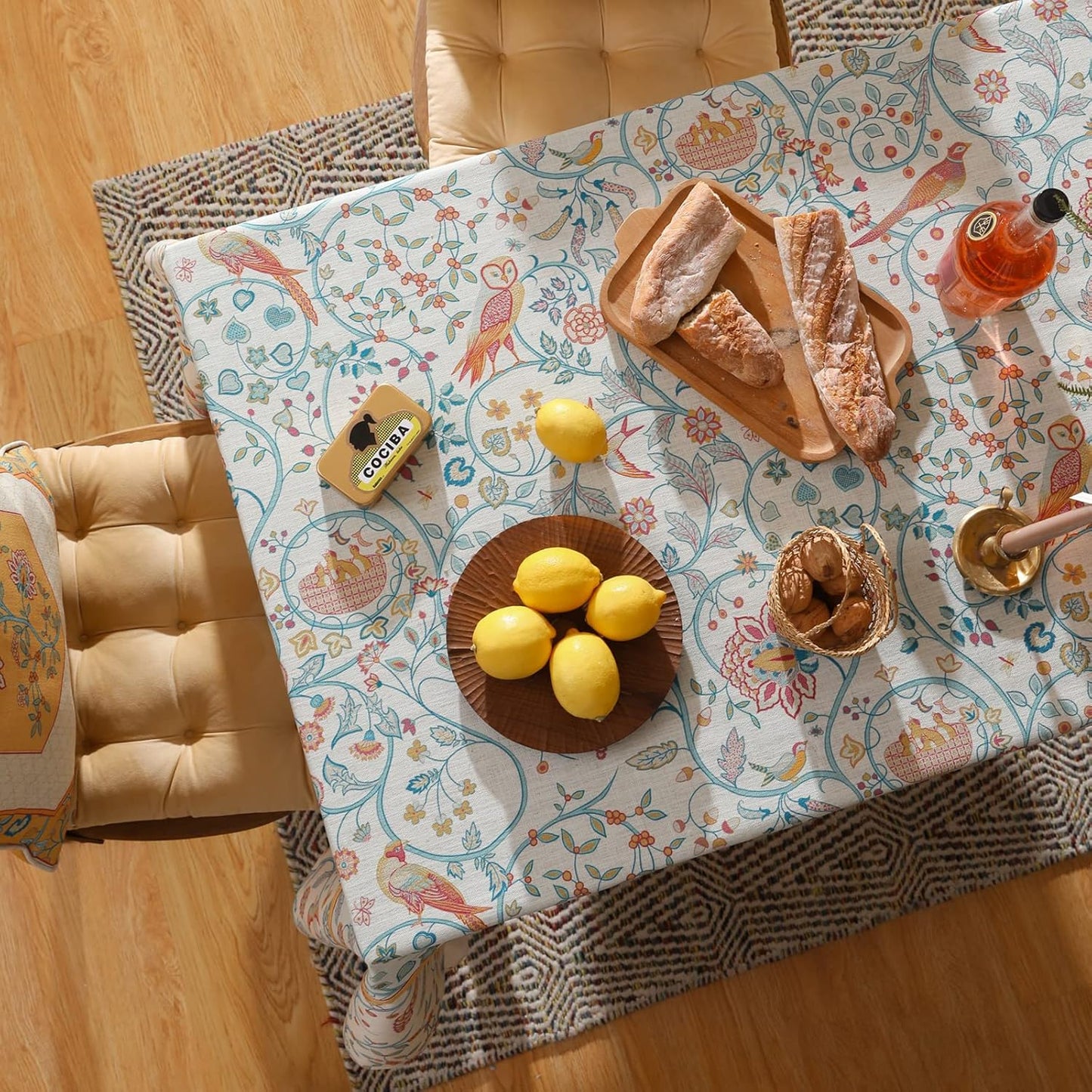 patdrea Designer Vintage Long Rectangular Tablecloth,French Floral Birds Pattern Linen Table Cloth,Yellow Decorative Cover for Kitchen Dining Banquet,Christmas,Thanksgiving,63"x102"-Magnolia