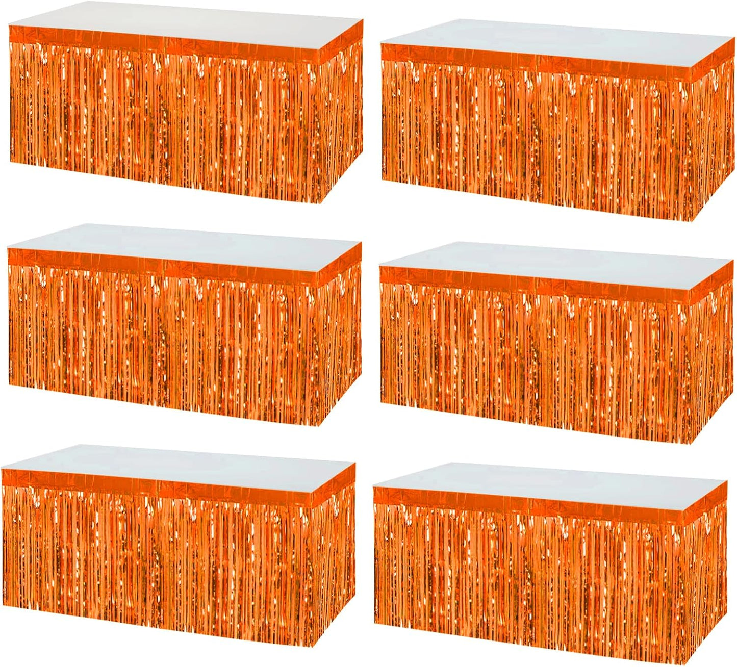 6 Pack 29x108 Inch Orange Metallic Foil Fringe Tinsel Table Skirts Banner for Rectangle Tables Streamer Garland Curtains Backdrop for Wedding, Birthday, Parade Floats, Christmas Party Decoration