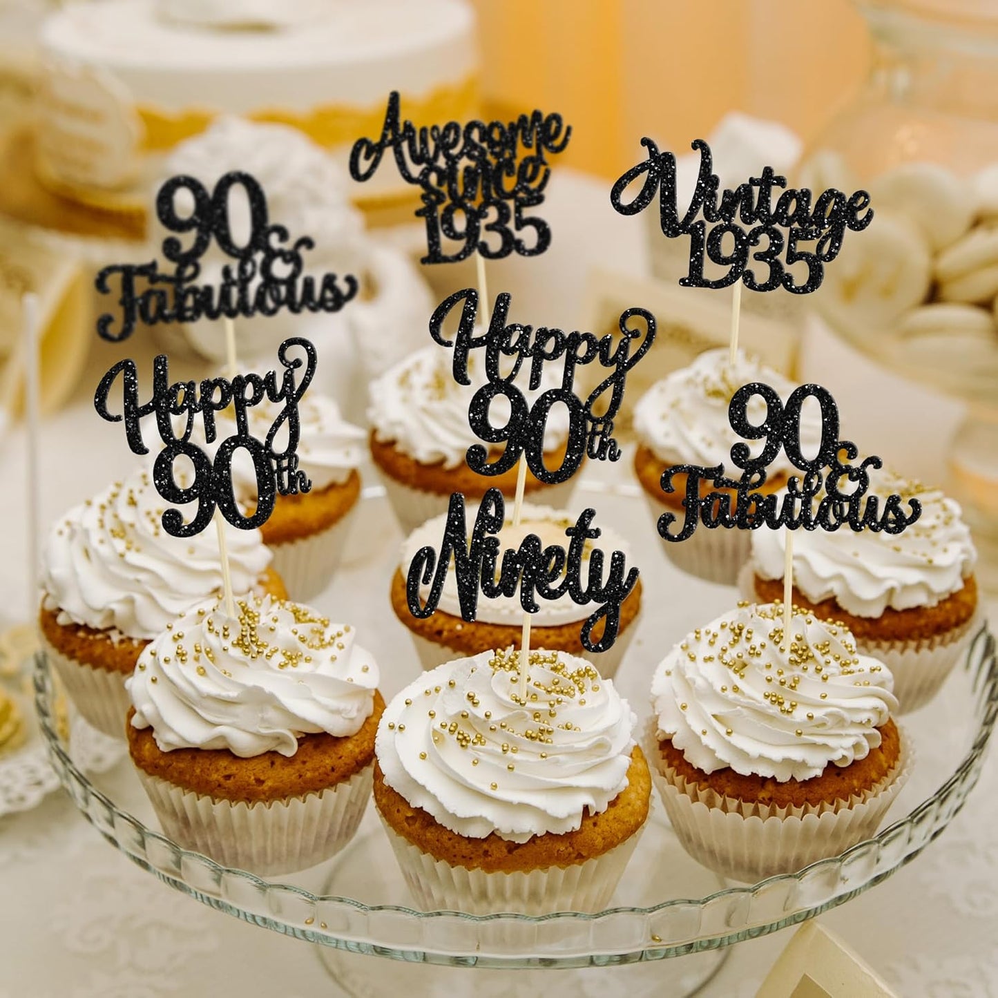 30Pcs Happy 90th Birthday Cupcake Toppers Glitter Awesome Since 1935 Ninety 90 Fabulous Vintage 1935 Cupcake Picks for 90th Birthday Anniversary Retirement Party Cake Decorations Supplies Black
