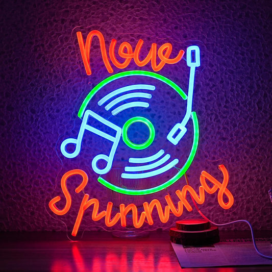 Record Neon Sign Led Music Sign Neon Light for Wall Decor Dimmable Now Spinning Sign Record Neon Signs for Record Store Live Music Bar Party (12.6”*13.7”)