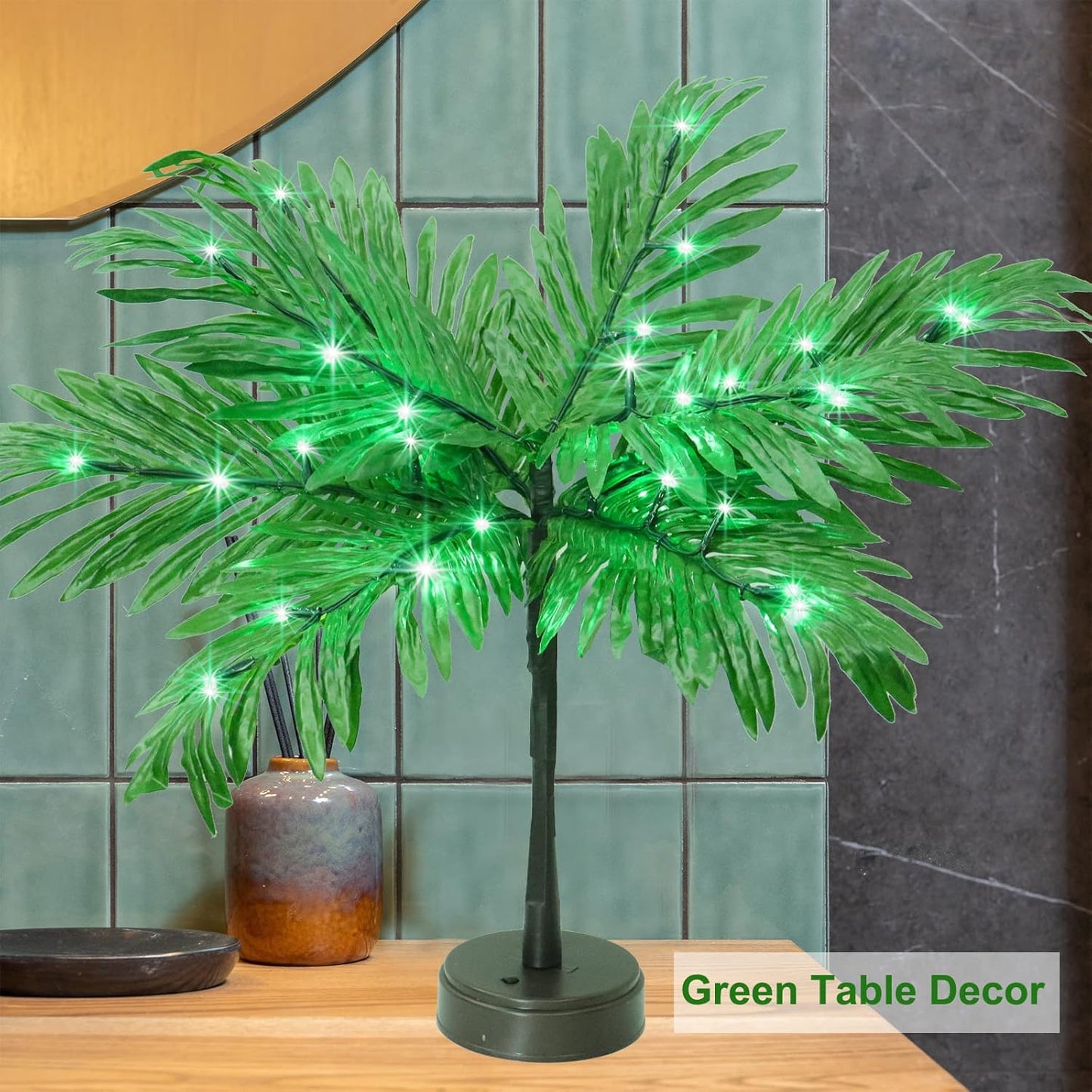 Luau Party Decorations Palm Tree with Lights, Lighted Palm Tree for Table Decor 23In Artificial Light Up Trees Green Table Centerpieces for Tropical Hawaiian Party Tiki Bar Home Summer Decor