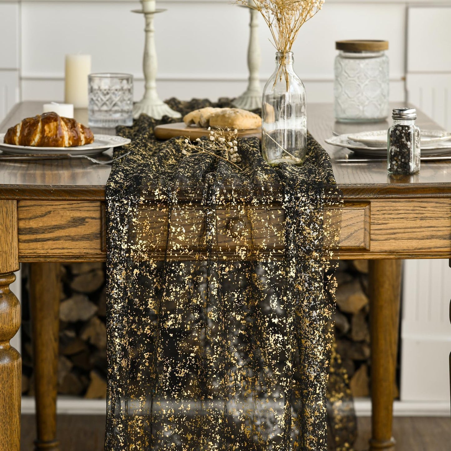 Artoid Mode 6Pcs Black Gold Gauze Table Runner 120 Inch 10FT, Glitter Metallic Foil Sheer Dining Wedding Anniversary Holiday Birthday Table Decor for Home Party