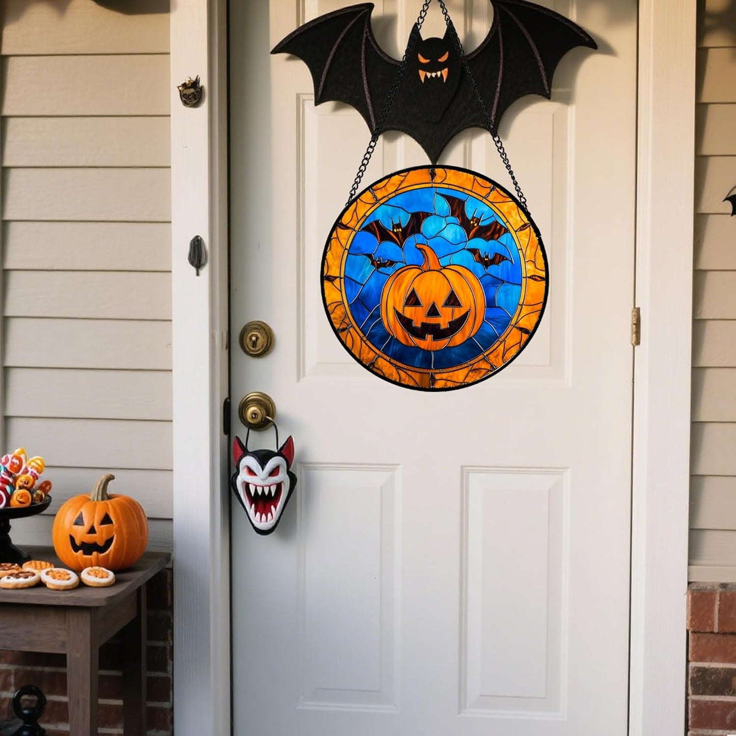 Stained Glass Window Hanging - Halloween Evil Pumpkin Suncatcher for Doors Window Garden Indoor Spooky Brown Bat Sun Catchers Gothic Decor Horror Gifts for Women Men Friend Boy Girl 9.8 in