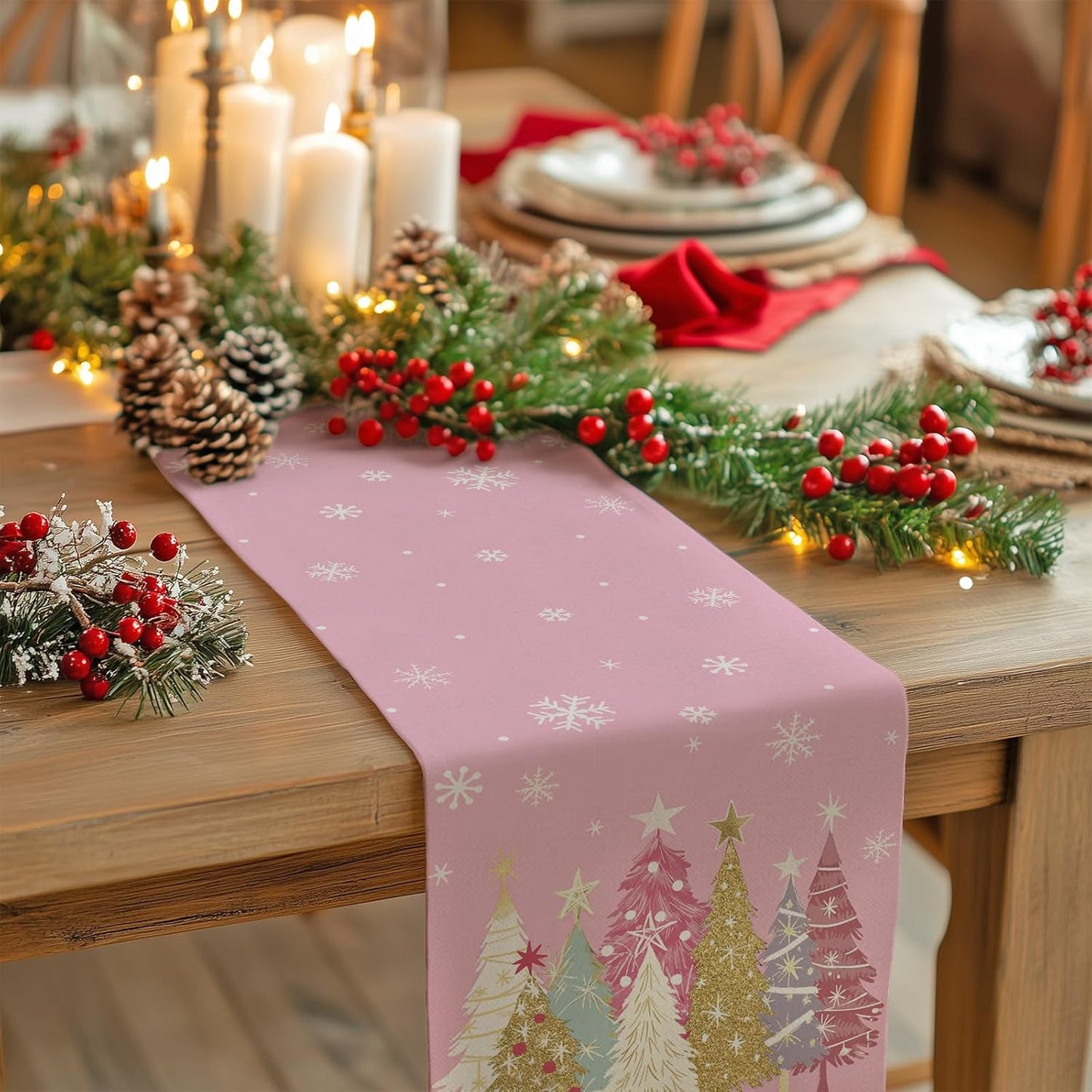 GEEORY Christmas Table Runner 13x90 Inch, Xmas Trees Snowflakes Holiday Decorative Farmhouse Table Decoration for Kitchen Dinning, Indoor Outdoor Dinner Party Decor (Pink) GT153-90