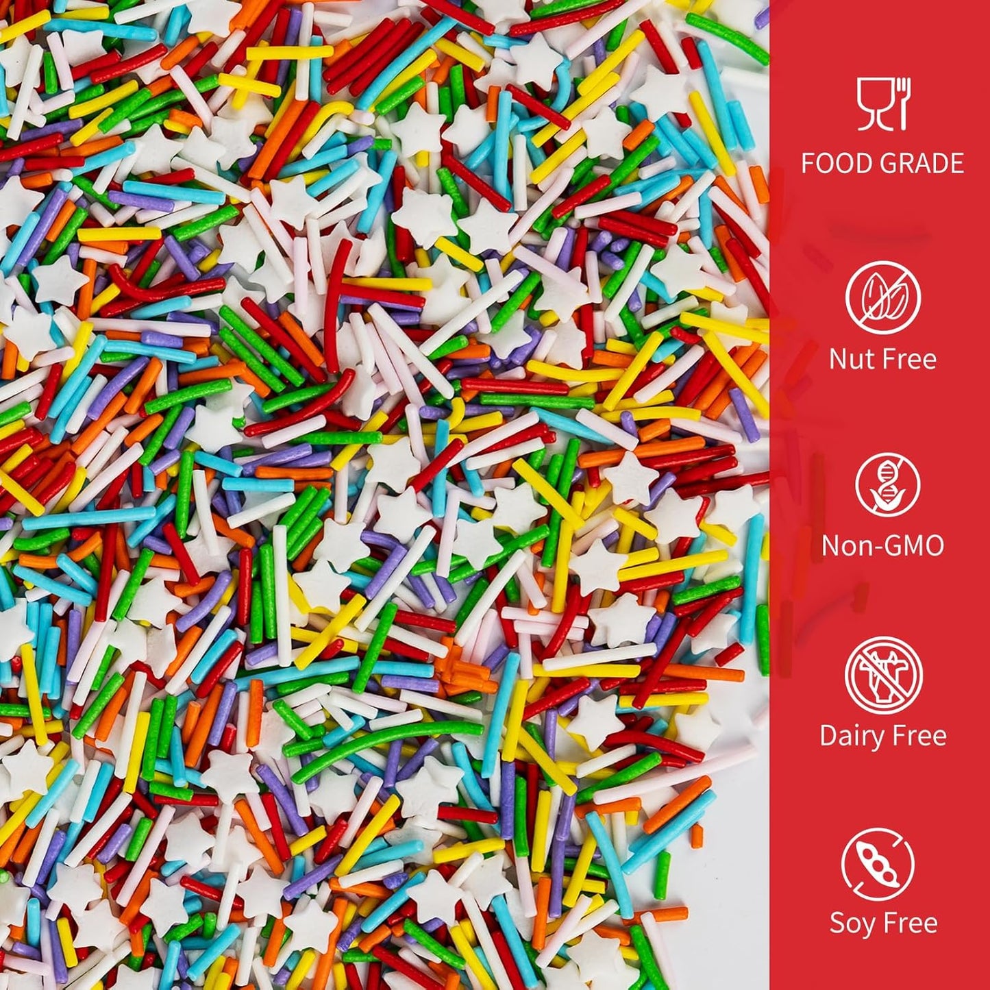 Edible Rainbow Sprinkles for Cake Decorating,White Stars Candy Mix Colored Jimmies,100g/3.53oz,Dessert Decorations,Cupcake,Cookies,Ice Cream Topper,Colorful Pastel Sprinkle for Cake Decorating,Perfect For Birthday Party,Festival Baking Supplies