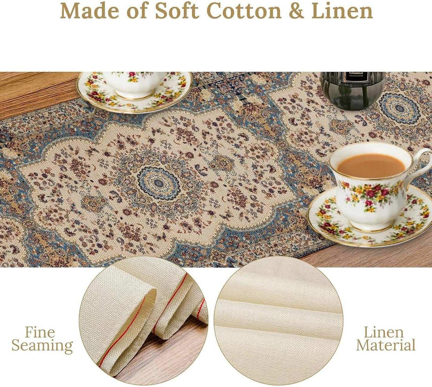 Boho Bohemia Style Table Runner, Vintage Blue Teal Gold Retro Flower Rustic Country Style Floral Print Pattern for Home Kitchen Table Decor Dining Coffee Room Garden Party Decor 13x60in