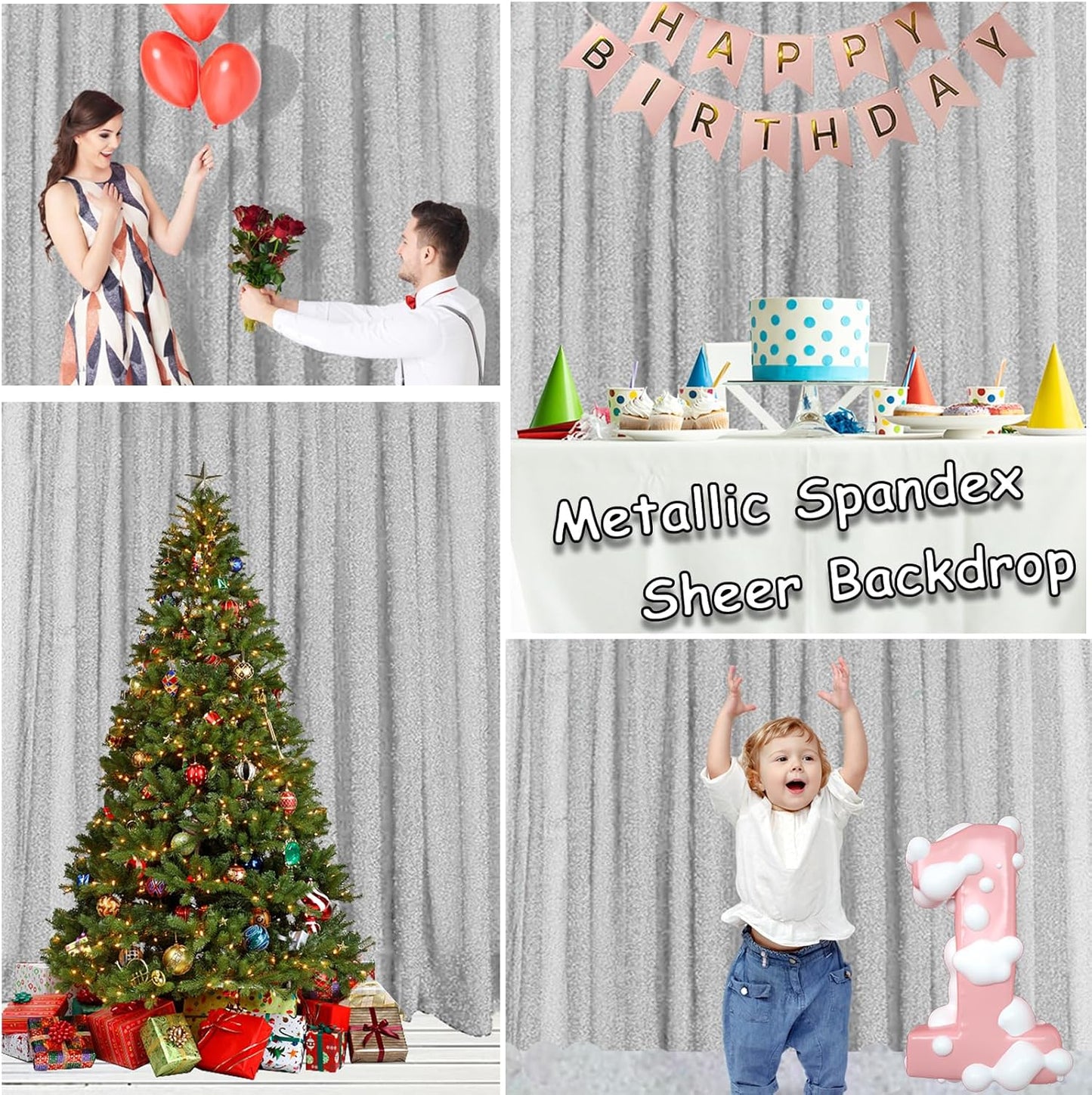 10FT x10FT Silver Metallic Spandex Backdrop, 1 Panel Glitter Sheer Photography Background, Stretchy Spandex Fabric for Wedding, Party, Baby Shower, Photo Booth Decor