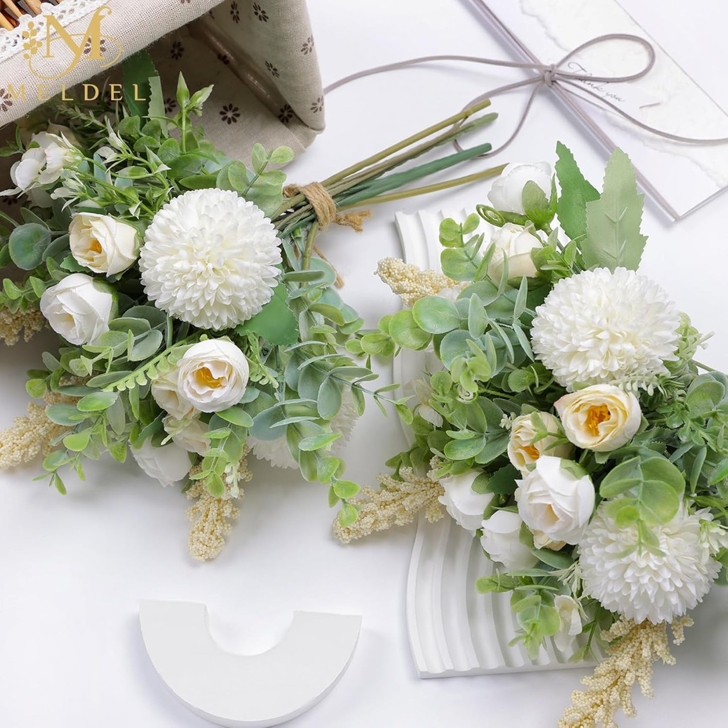 Meldel 3Pcs Rose Bouquet White&Champagne Artificial Flowers Eucalyptus Plants Silk Flower Arrangements Wedding Bouquets Decorations Plastic Floral Centerpieces for Home Kitchen Garden Party Decor