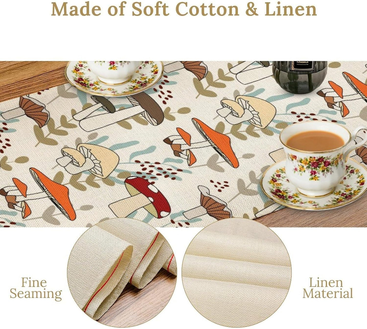 Mushroom Table Runner, Vintage Nature Plant Table Runner for Farmhouse Kitchen Dining Table Decoration for Home Party Decor 13x90 Inch