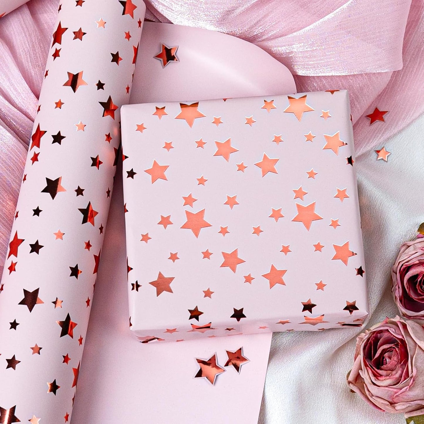 Burymento Gold Foil Five-Pointed Star Wrapping Paper, Reversible Pink Gift Wrap for Birthday, Valentines, Mothers day, Graduation, Wedding, Fathers day, Baby Shower, Christmas (17in x 32.8ft)