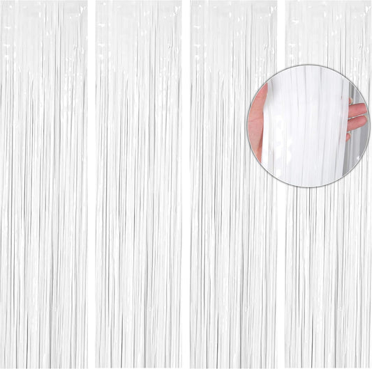 BTSD-home 4 Pack 3x 8ft White Foil Fringe Curtain Backdrop Party Streamers Decorations Metallic Photo Booth Tinsel Theme Bachelorette Graduation Wedding Birthday Bridal Shower Christmas Decor Supplies