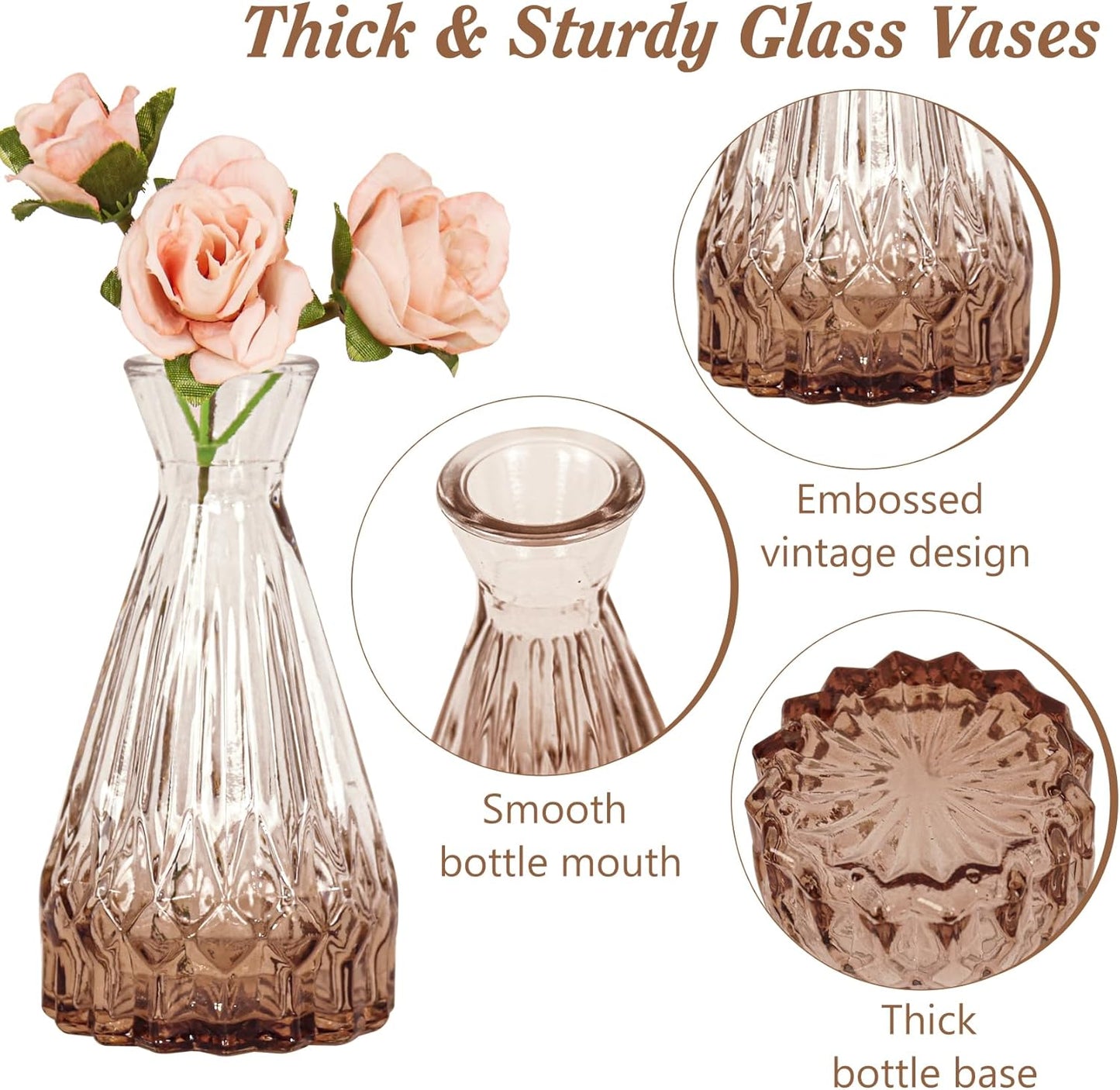 Set of 40 Glass Bud Vases, Small Amber Glass Vases in Bulk, Mini Vintage Embossed Flower Vase for Wedding, Centerpieces, Birthday Party, Baby Shower, Home Table Decorations (Amber)