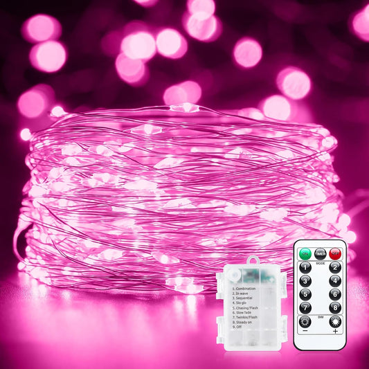 66Ft 200 LED Outdoor String Lights, Pink Fairy Lights Battery Operated with Remote, Waterproof Twinkle Lights for Bedroom Dorm Patio Tapestry Backyard Garden Party Indoor Valentine's Day Decoration