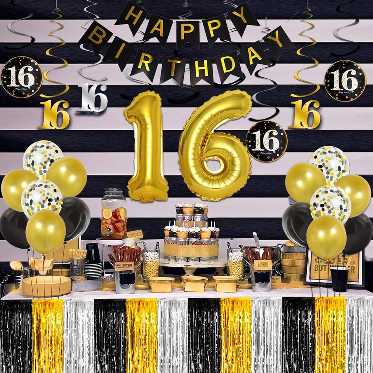 4 Pack 29x108 Inch Metallic Foil Fringe Tinsel Table Skirts for Rectangle Tables Streamer Backdrop for Wedding Birthday, Parade Floats, Christmas, Halloween Party Decoration(Gold Silver Black)