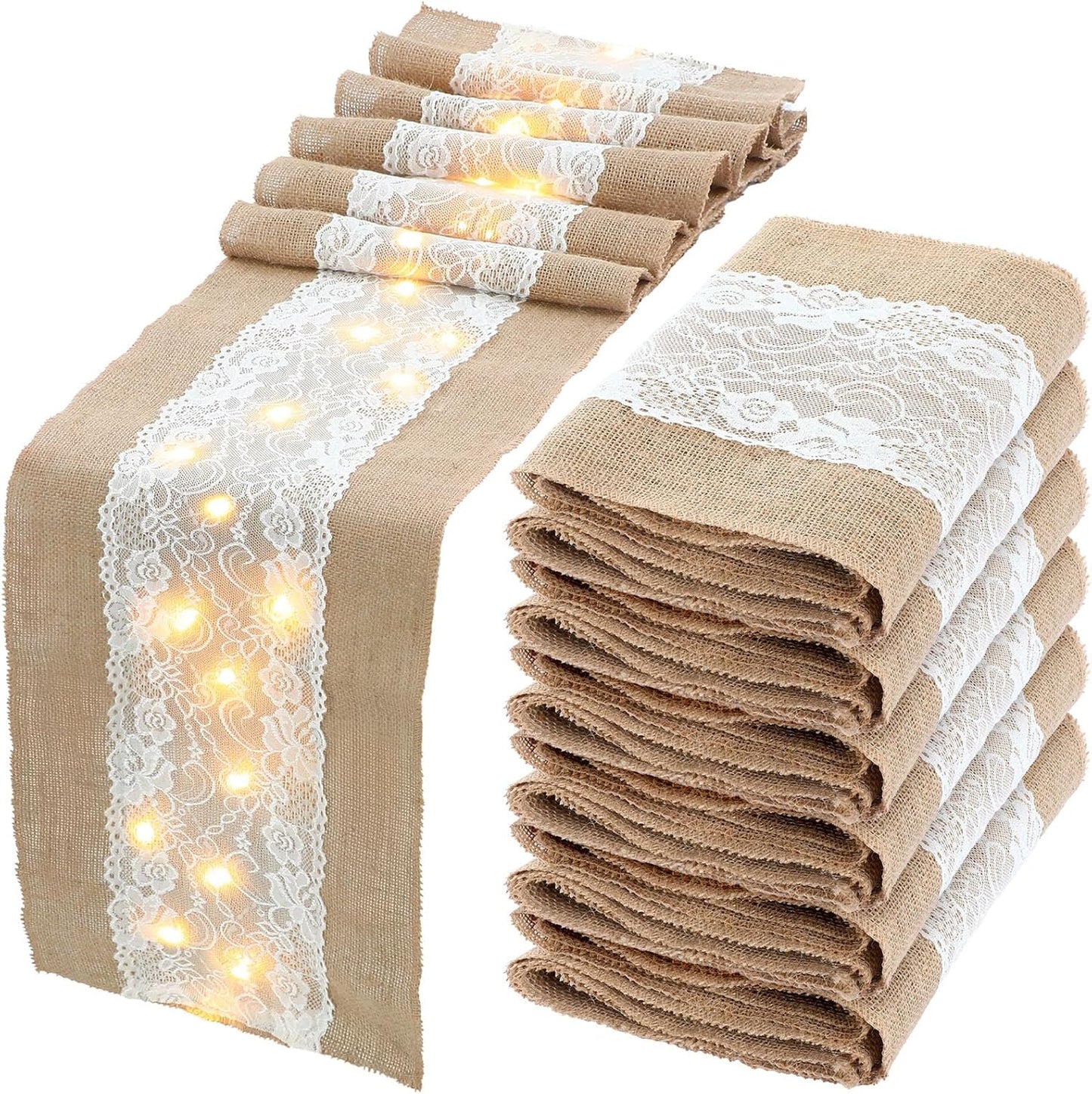 Xinnun 6 Pcs Burlap Table Runner with Lights 12 x 108 Inches Burlap Lace Table Runner Rustic Wedding Decorations Home Party (Flower)