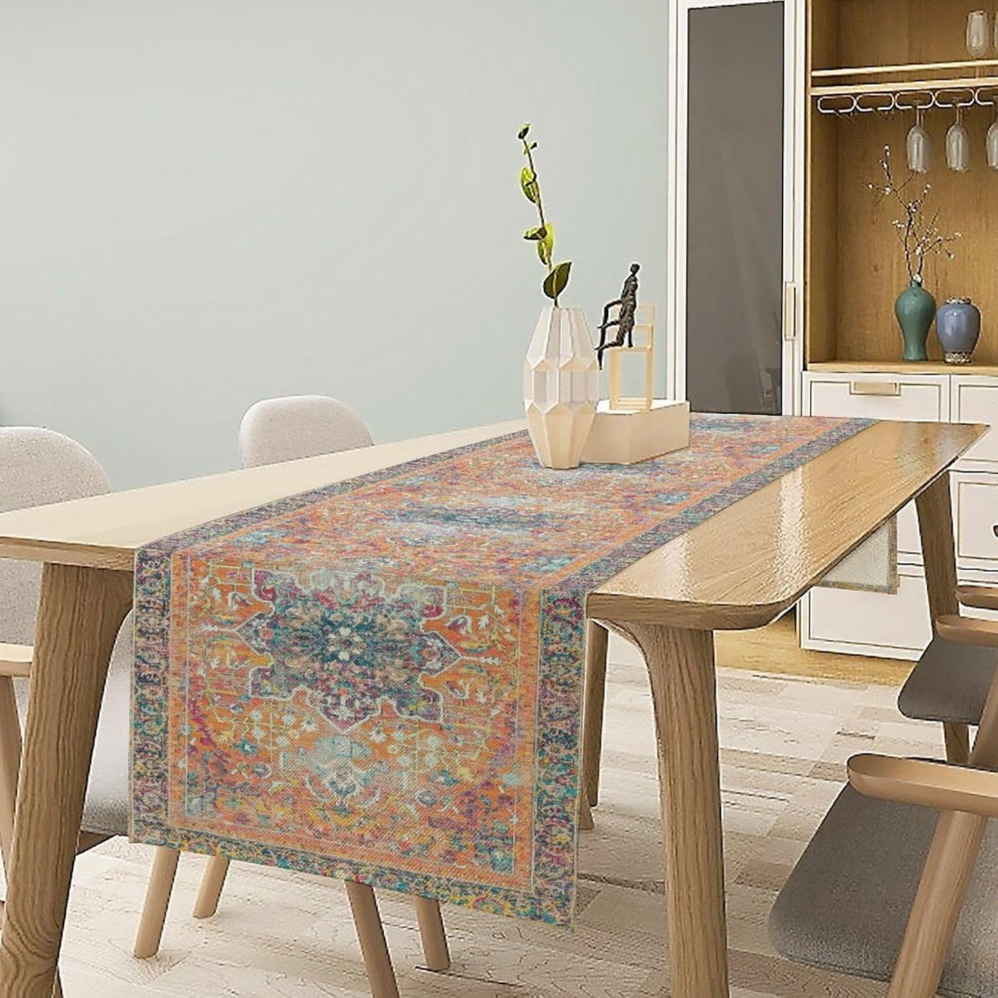 Boho Floral Vintage Table Runner, Orange Retro Flower Rustic Country Farmhouse Abstract Pattern for Home Kitchen Table Decor Dining Coffee Room Party Decor 13x72in