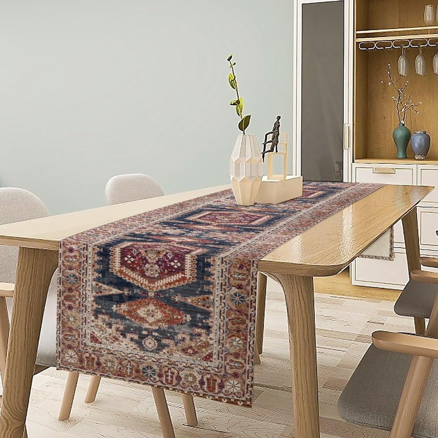 Vintage Boho Table Runner,Flower Geometric Design Rustic Farmhouse Table Runner for Home Farmhouse Kitchen Table Dining Coffee Room Garden Party Wedding Decor 13x36in