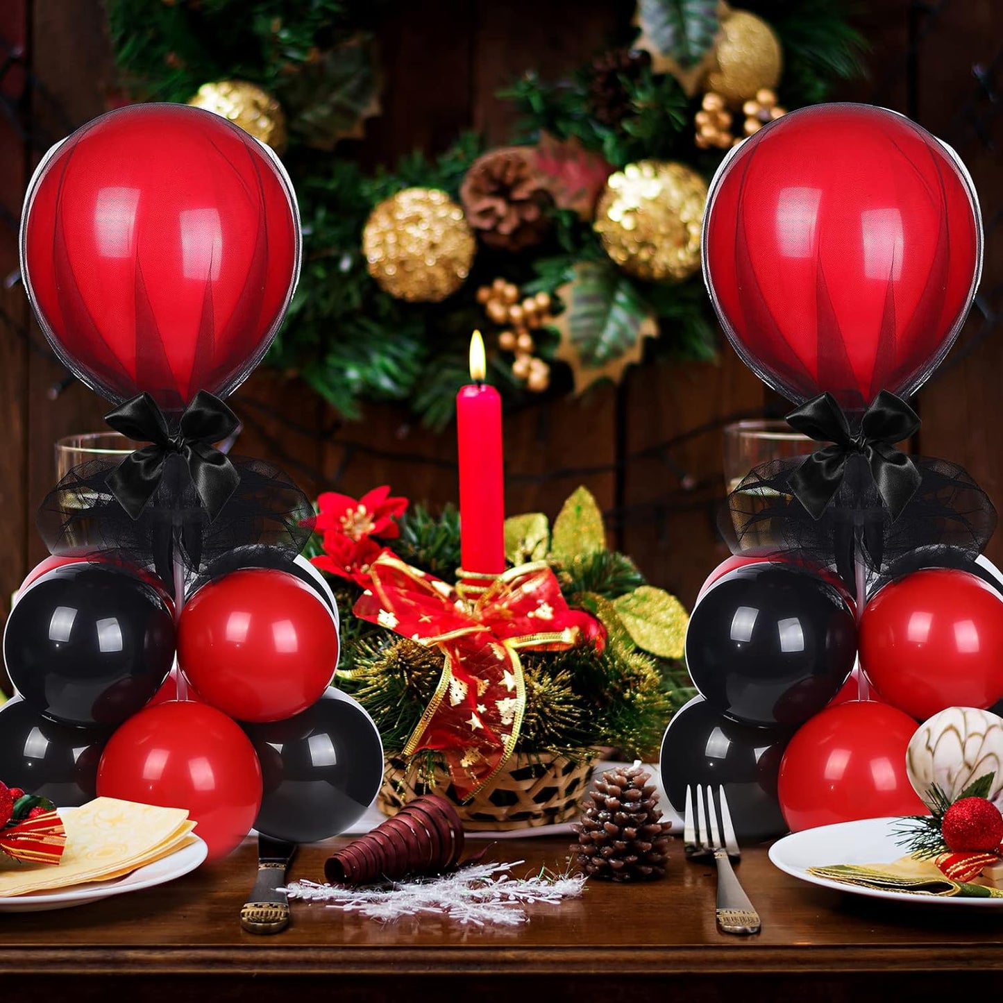 BBTO 8 Set Table Centerpieces Balloons Stand Kit, 80 Pcs Latex Balloons and Table Stand Holder with Base Tulle for Wedding Birthday Baby Shower Party(Black and Pomegranate Red)