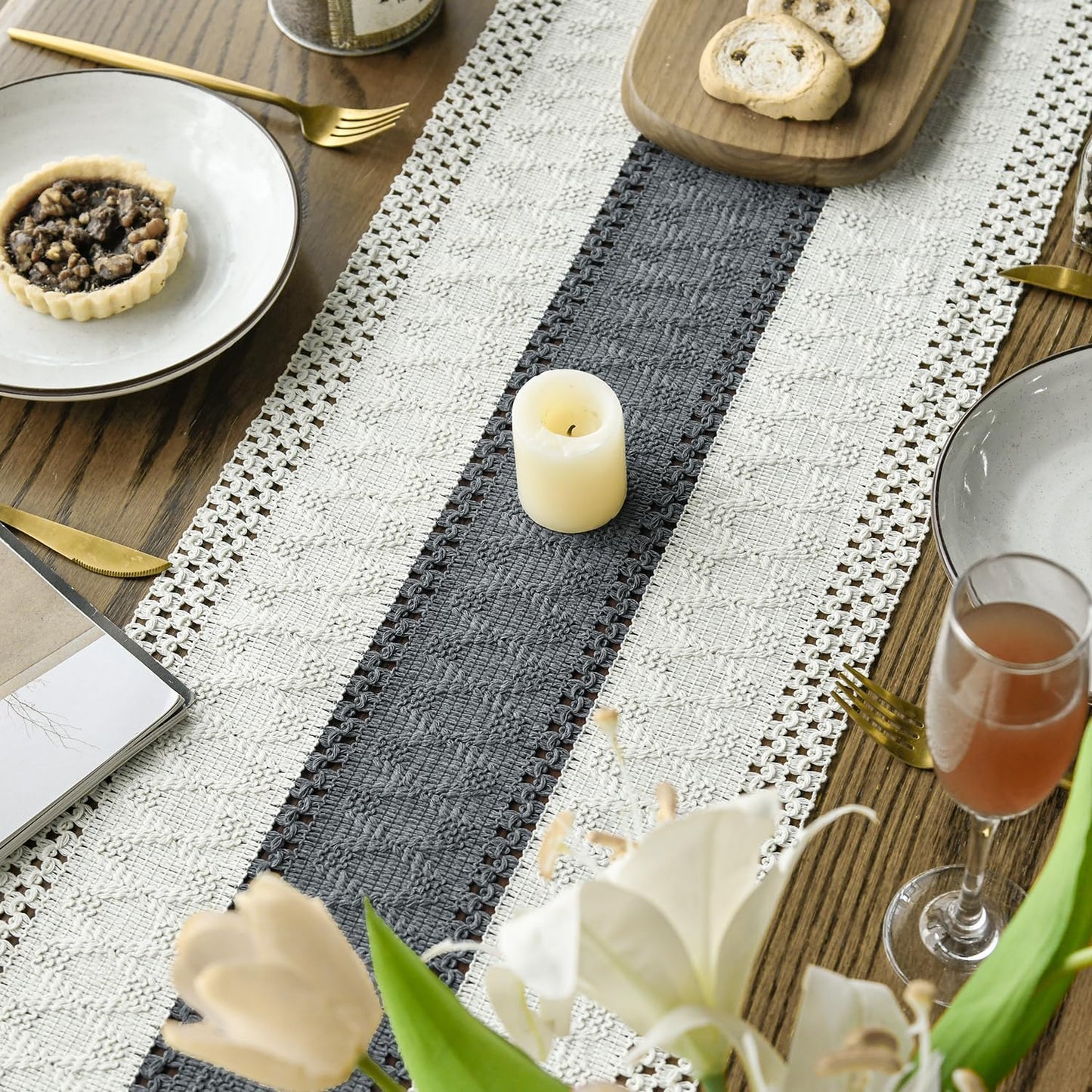 Artoid Mode Dark Grey Farmhouse Rustic Table Runner, Seasonal Holiday Hollow Kitchen Dining Table Decoration for Home Party Decor 12x48 Inch