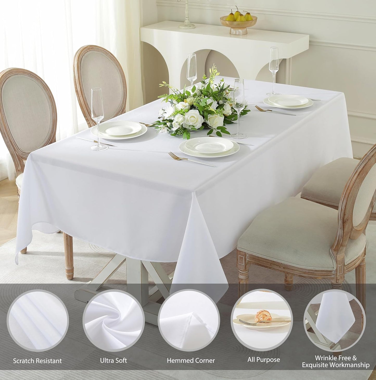 Craft And Party Rectangle Tablecloth, 70 x 90 Inch White Tablecloth, Polyester Fabric Washable Table Cloth for Home, Party, Wedding or Restaurant Use.