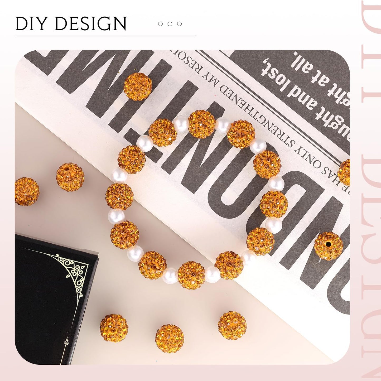 100 pcs 10mm Rhinestone Beads for Jewelry Making, Golden Shiny Round Shamballa Disco Beads Bulk, Sparkle Crystal Clay Christmas for Bracelet Baseball Necklace Earring Crafting and DIY