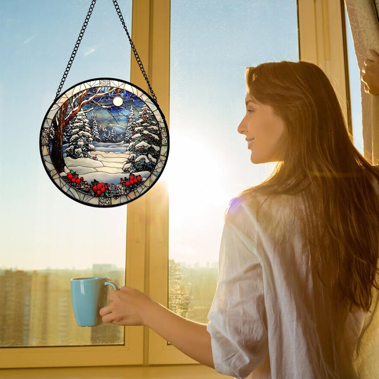 Stained Glass Window Hanging Christmas Tree Winter Snow Night Scenery 9.8" - Suncatcher Door Garden Kitchen Sun Catcher Home Decor Birthday for Mom Men Woman Friend