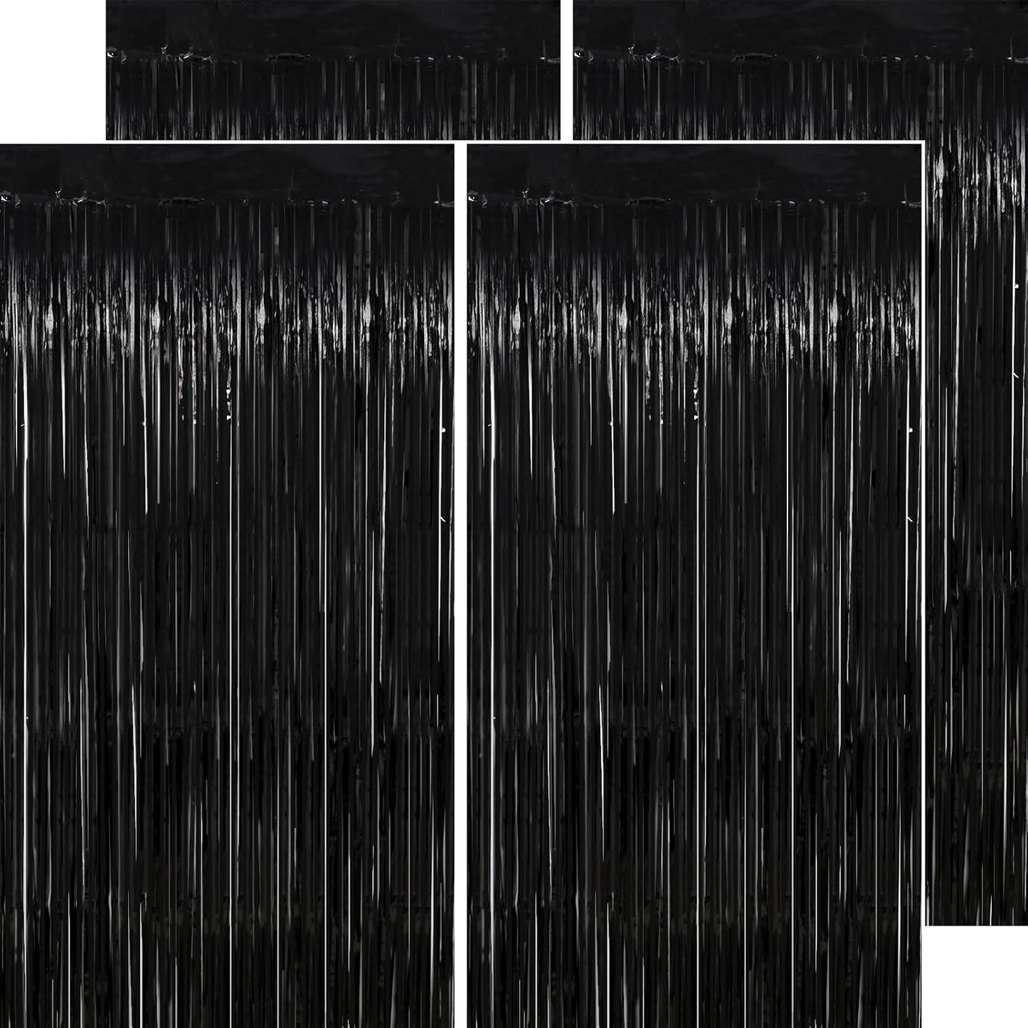 Black Streamers Party Decorations - Thicken 4 Pack 3.2 x 8.2 FT - Black Tinsel Foil Fringe Backdrop Curtains, Photo Booth Props for Birthday, Halloween, Retirement, Bachelor Party Decorations