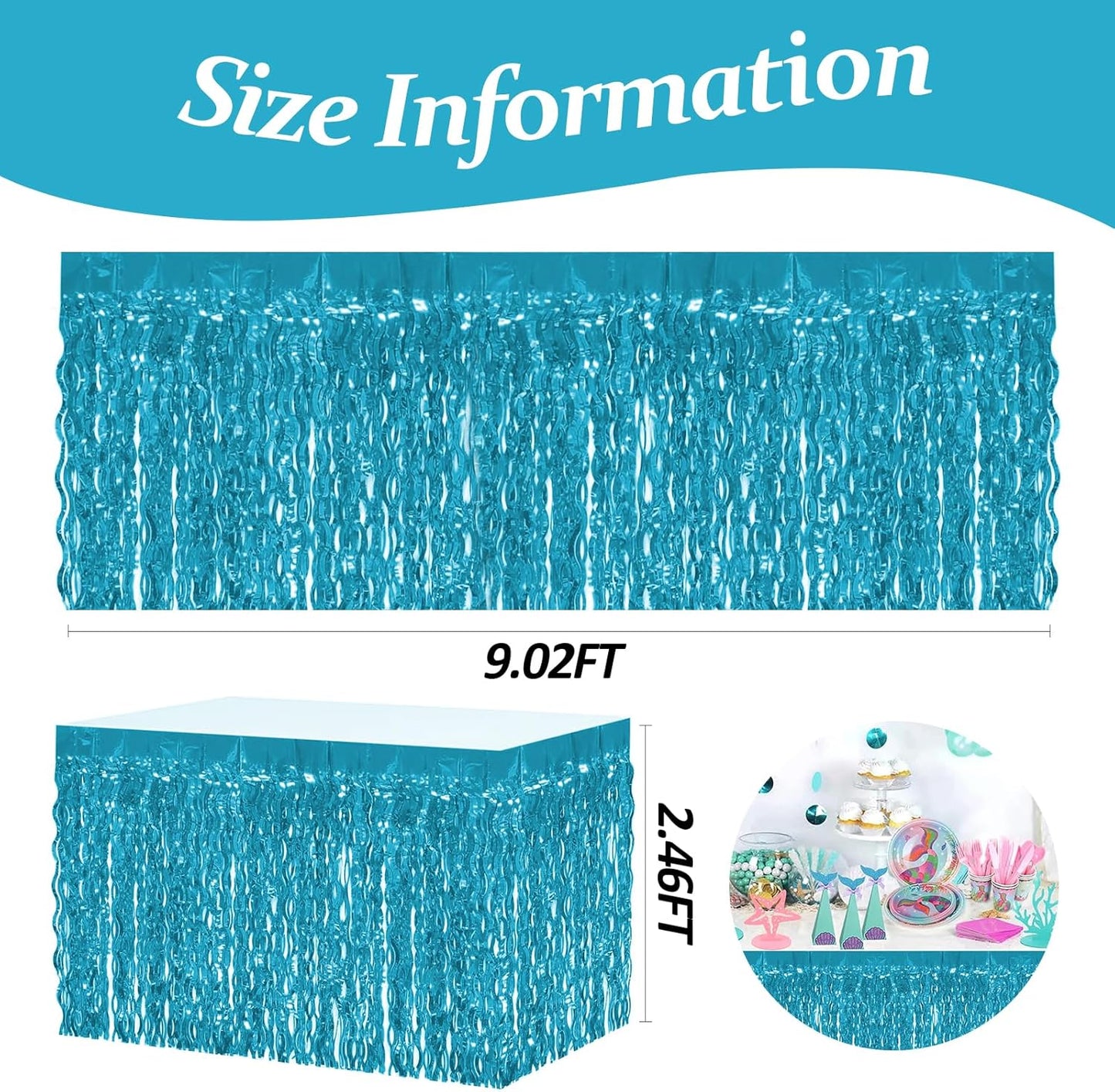 4P Wavy Metallic Tinsel Foil Fringe Table Skirts for Rectangle Tables Backdrop Garland Curtains for Parade Floats Wedding Birthday Parties Decoration Graduation 2025 Christmas (Lake Blue)