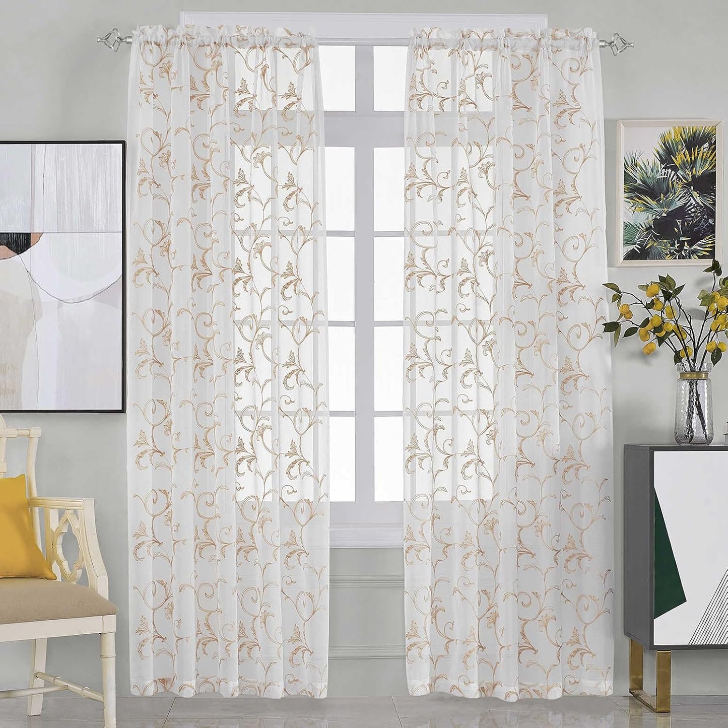 White Sheer Curtains 84 Inches Long, Rod Pocket Sheer Drapes for Living room, Bedroom, 2 Panels, 52"x84", Vintage Beige Floral Patterned Boho Window Curtains for Yard, Patio, Villa, Parlor.