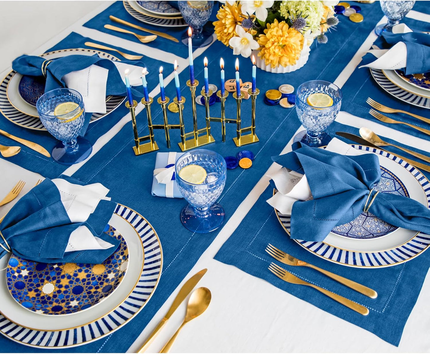 Solino Home Linen Indigo Blue Table Runner 156 Inches Long - 100% Pure Linen Extra Long Table Runner 14 x 156 Inch for Fall, Autumn - Classic Hemstitch