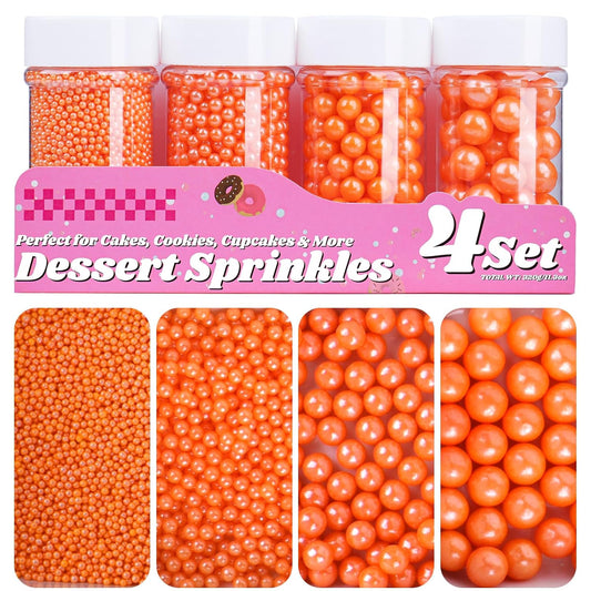 Orange Pearl Sprinkles for Cake Decorating, 11.3 Oz Edible Pearls Sugar 4 Sizes Gift Box Set for Baking Cookie Ice Cream Cupcake Toppings