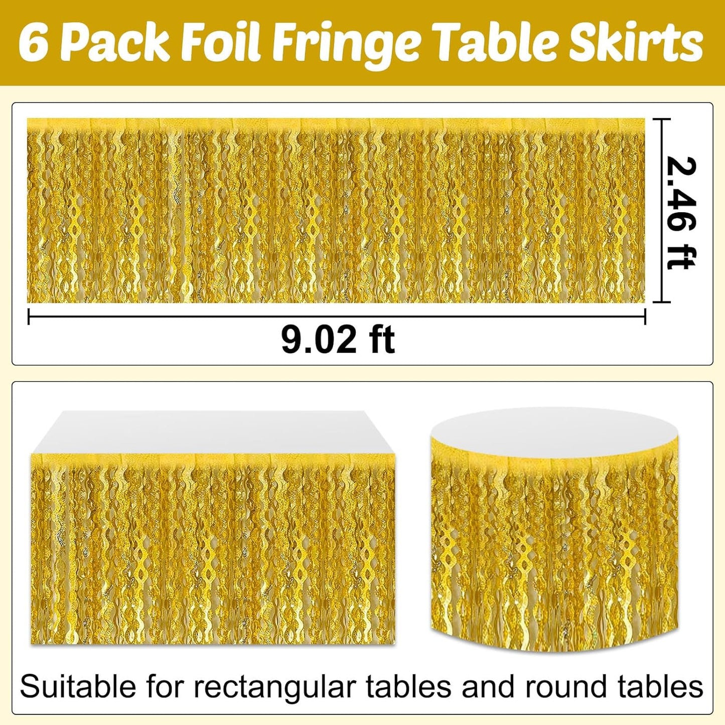 6 Pack 29x108 Inch Gold Wave Foil Fringe Table Skirts Metallic Banner for Tinsel Streamer Garland Backdrop for Parade Floats Mother's, Graduate, Mardi Gras, Birthday, Wedding Party Decorations