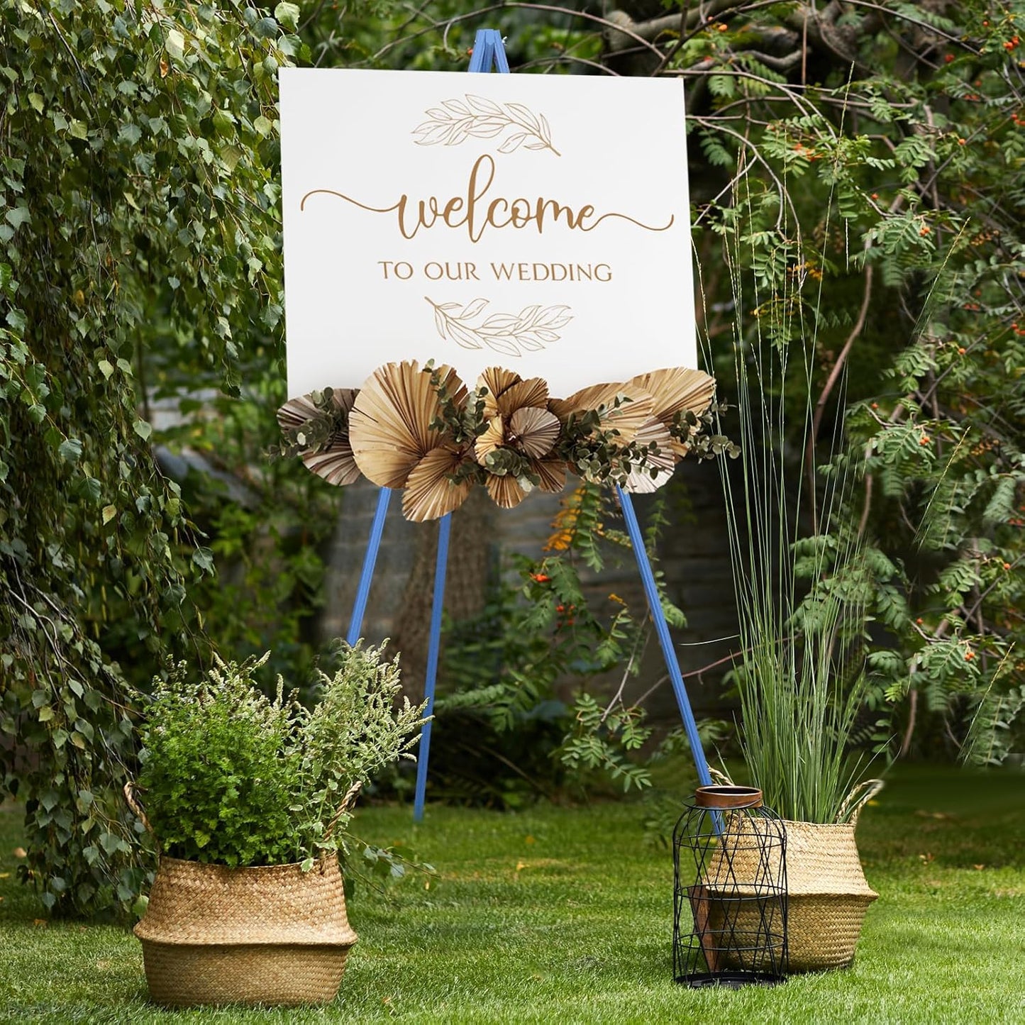 NianFeng Wooden Easel Stand for Sign, Easel Display Stand Floor for Wedding Sign with Adjustable Tray, 63-Inch, Tripod A-Frame Poster Light Duty, Welcome, Art Show & Baby Shower (Blue)