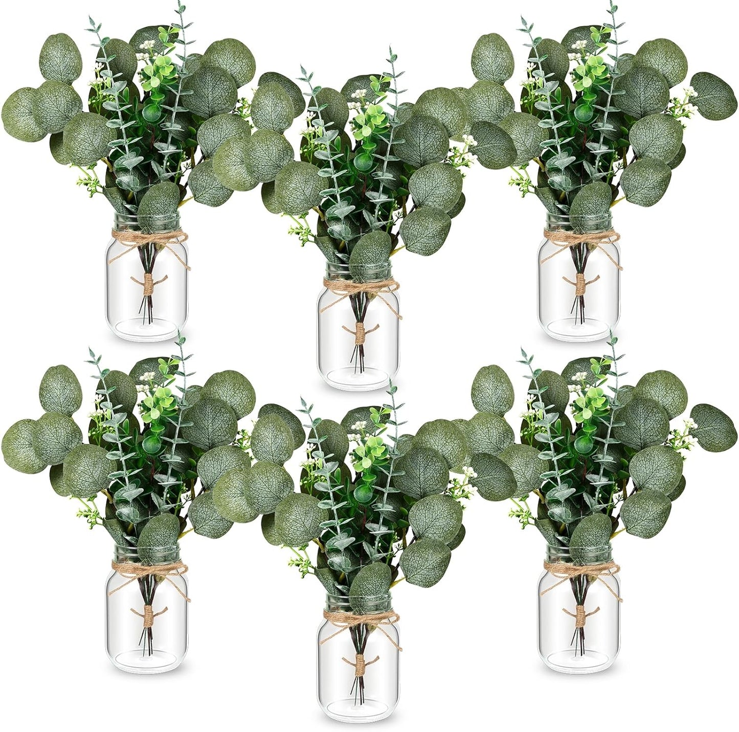 6 Set Centerpiece Table Decorations Mason Jar Table Centerpiece with Flower Mason Jar Wedding Centerpieces Vases Decor for Reception Engagement Party Bridal Shower (Eucalyptus)