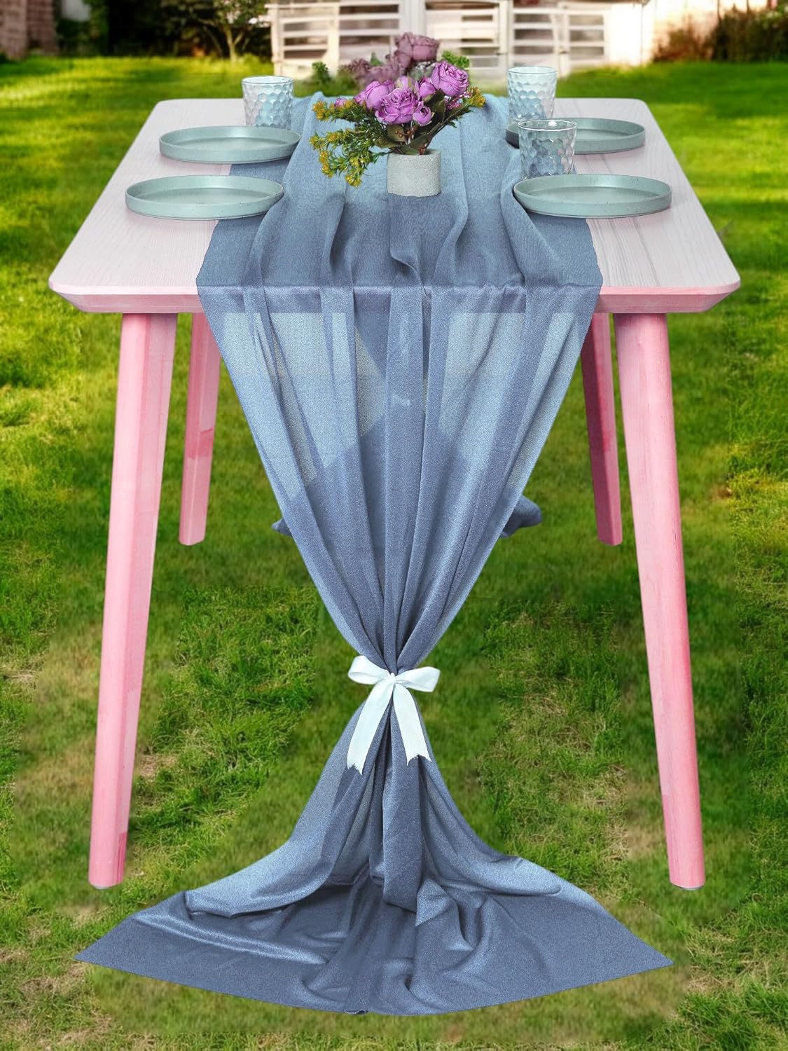 MDS 15 Pack 10ft Chiffon Table Runner 29 x 120 Inches Sheer Wedding Runner Romantic Rustic Table Runner for Wedding Decorations, Birthday Parties, Bridal Shower Party Arch Decor - Dusty Blue