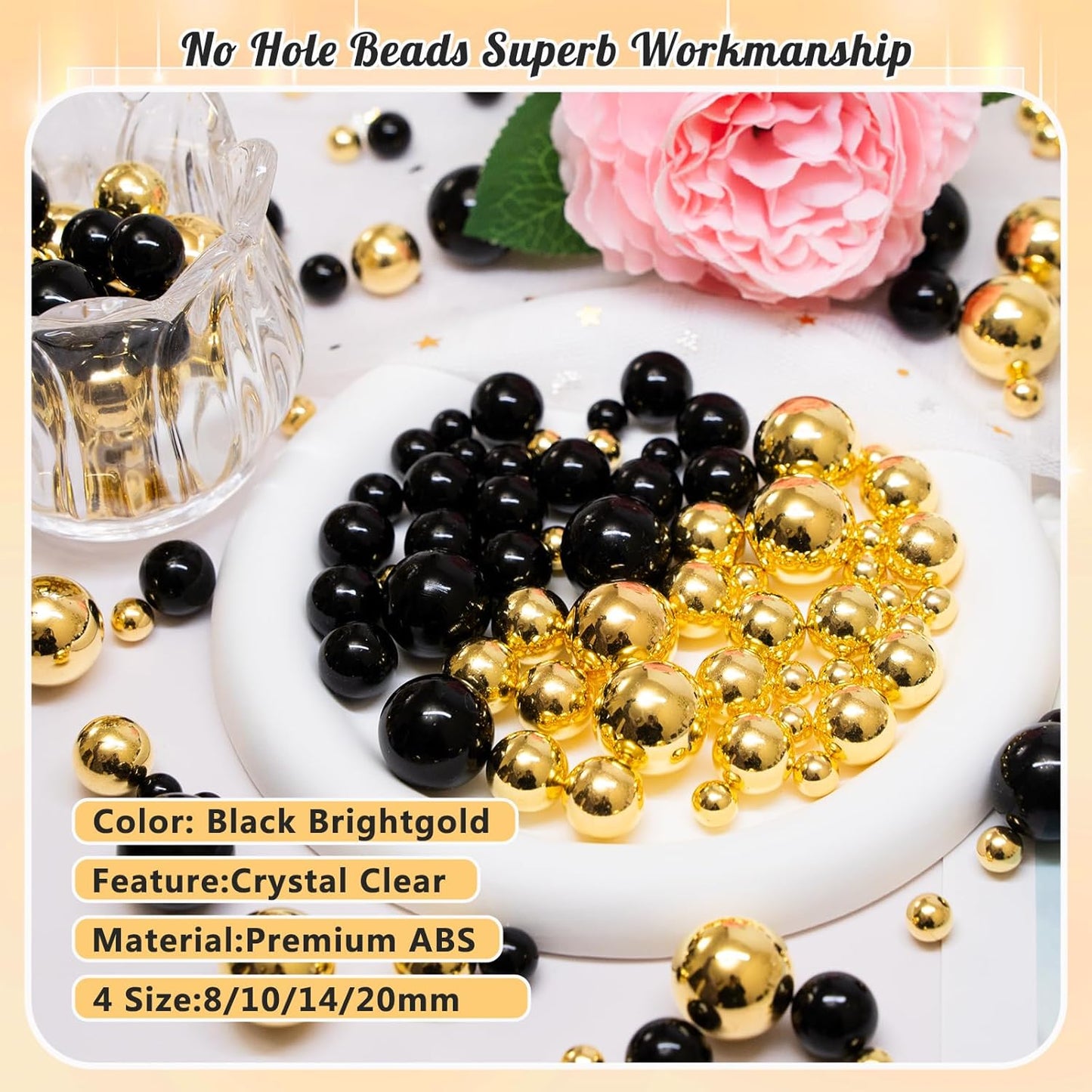 300Pcs Pearl Vase Filler, Black BrightGold No Hole Faux Pearl Beads for Centerpieces Vases, Candle Centerpieces, Wedding Birthday Party Home Decor 8/10/14/20mm