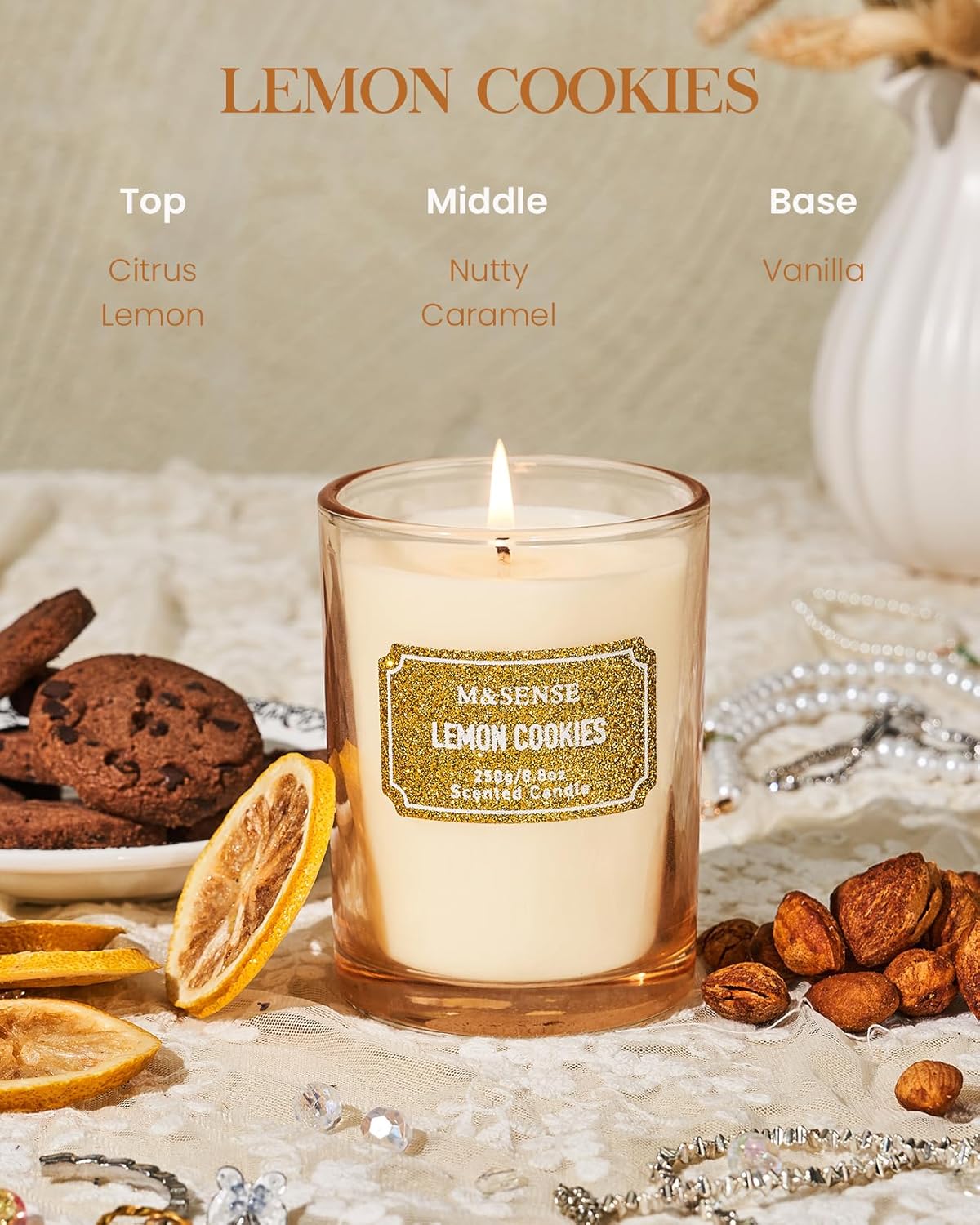 M&SENSE Lemon Scented Candle, Classic Size 8.8 oz Glitter Jar, Holiday Gifts for Women, Strong Scented Natural Soy for Winter Home Decor, 50 Hours Long Burning