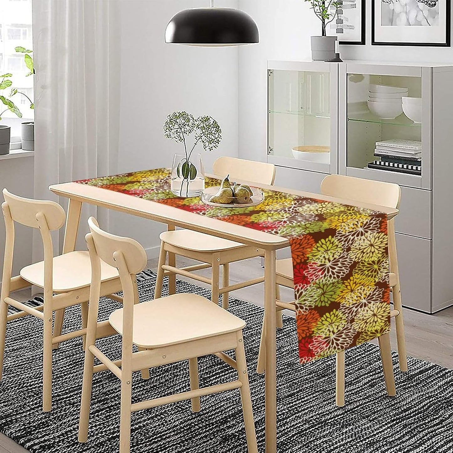 Brown Dahlia Floral Table Runner, Seasonal Autumn Thanksgiving Pattern Print for Home Kitchen Table Decor Dining Coffee Room Party Decor 13x60 Inch