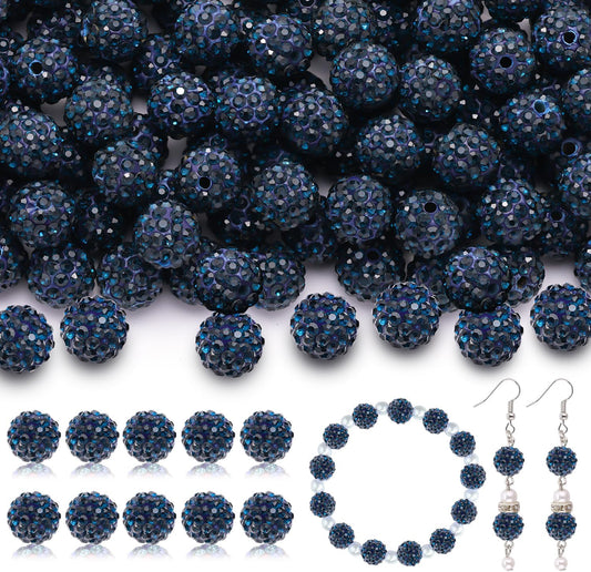 105pcs 10mm Rhinestone Beads for Jewelry Making, Blue Black Shiny Round Disco Ball Beads Bulk, Sparkle Crystal Clay Christmas for Bracelet Baseball Necklace Earring Crafting and DIY