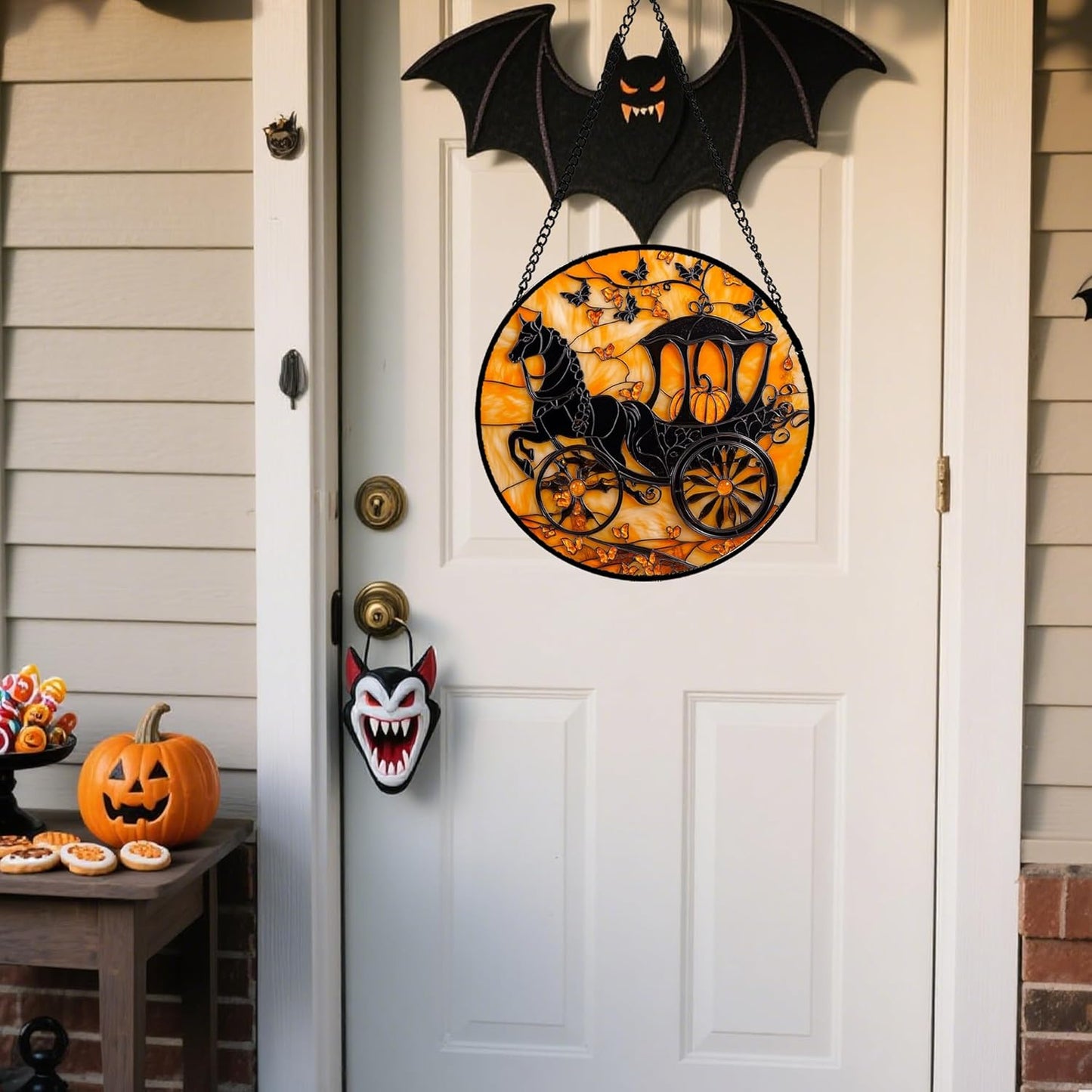 Stained Glass Window Hanging - Halloween Pumpkin Carriage Suncatcher for Doors Window Garden Indoor Spooky Funny Orange Sun Catchers Gothic Decor Horror Gifts for Women Men Friend 9.8 in