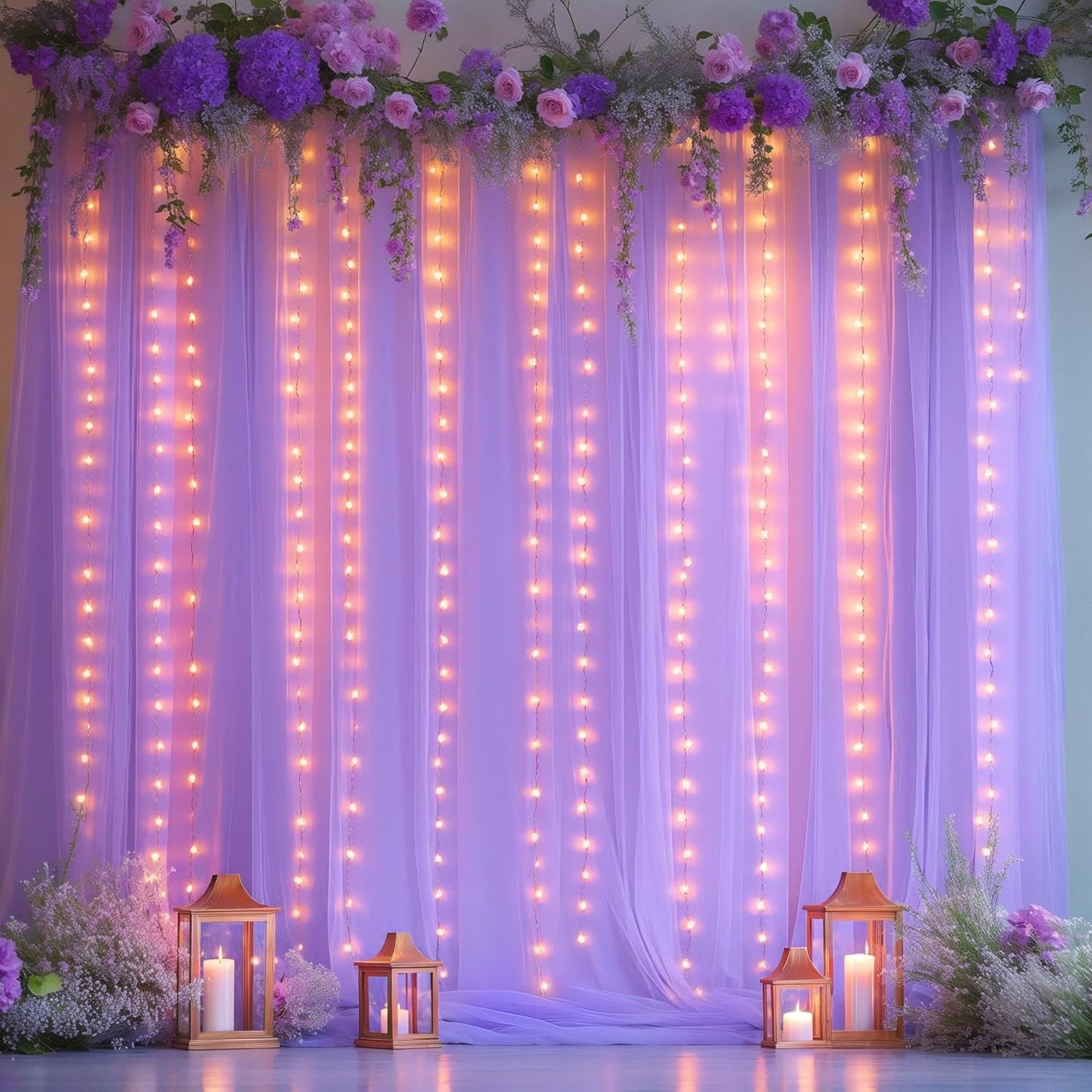 5x8ft (2 pieces) Lavender Tulle Backdrop Curtains with Lights for Party Wedding Baby Shower, Sheer Drape Backdrop Curtains for Birthday Party Photo Booth Background Decoration