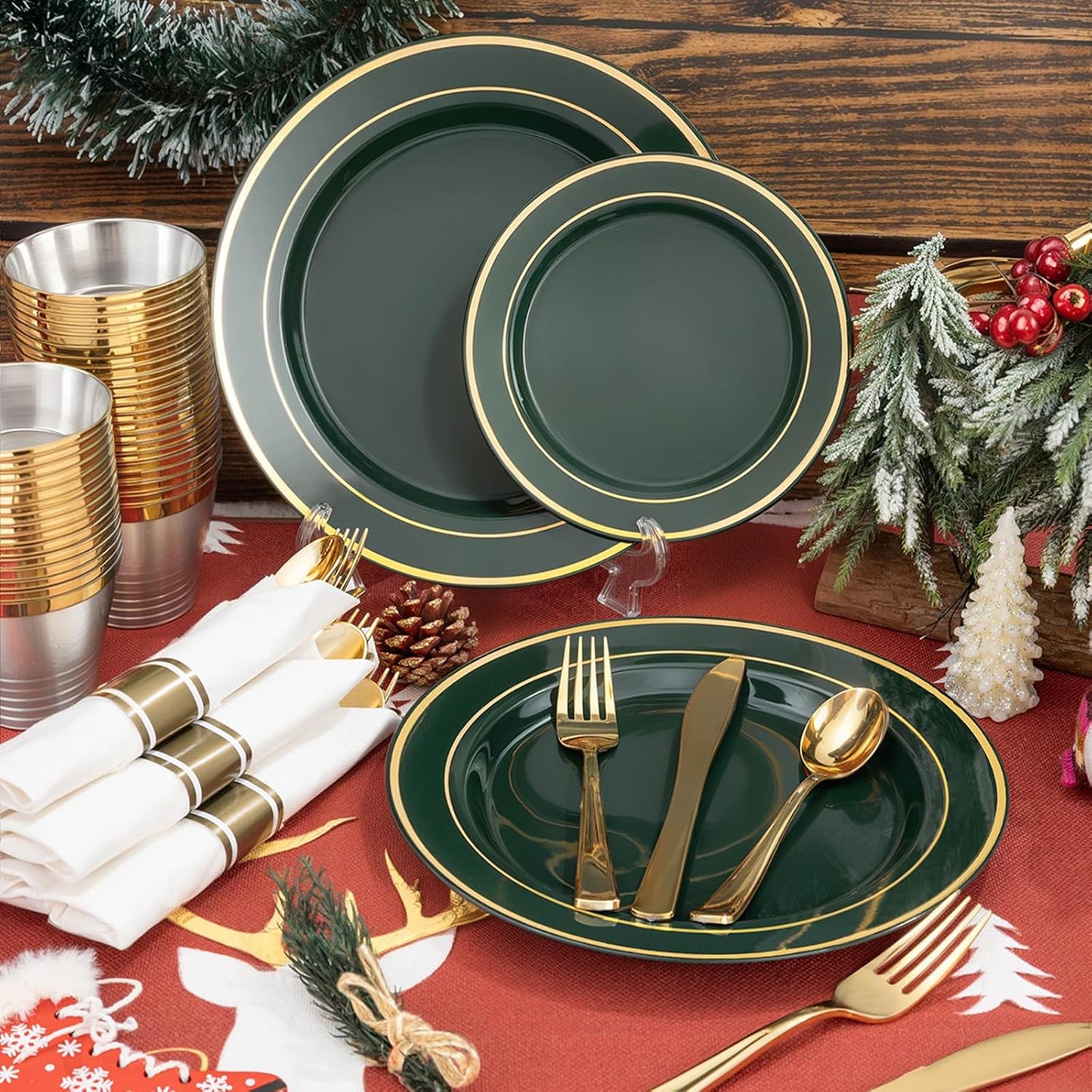 175PCS Green Plastic Plates - Green and Gold Disposable Plates 25Guests Plastic Christmas Plates with Rolled Napkins for Birthday/Christmas