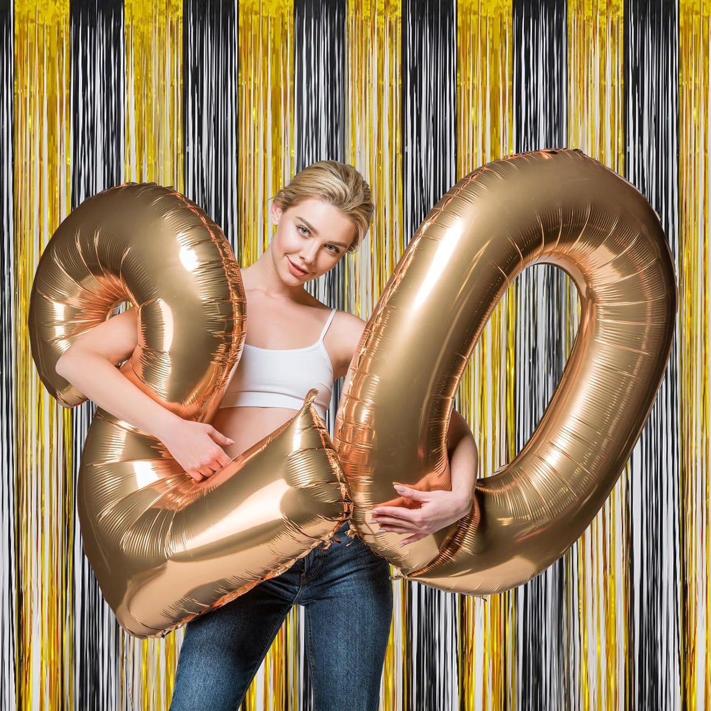 Melsan Foil Curtain Tinsel Backdrop - 3.2ft X 8ft Black and Gold Fringe Curtain Photo Streamers Backdrop for Halloween, Graduation, New Year EVE, Retirement Party Decorations - Pack of 2