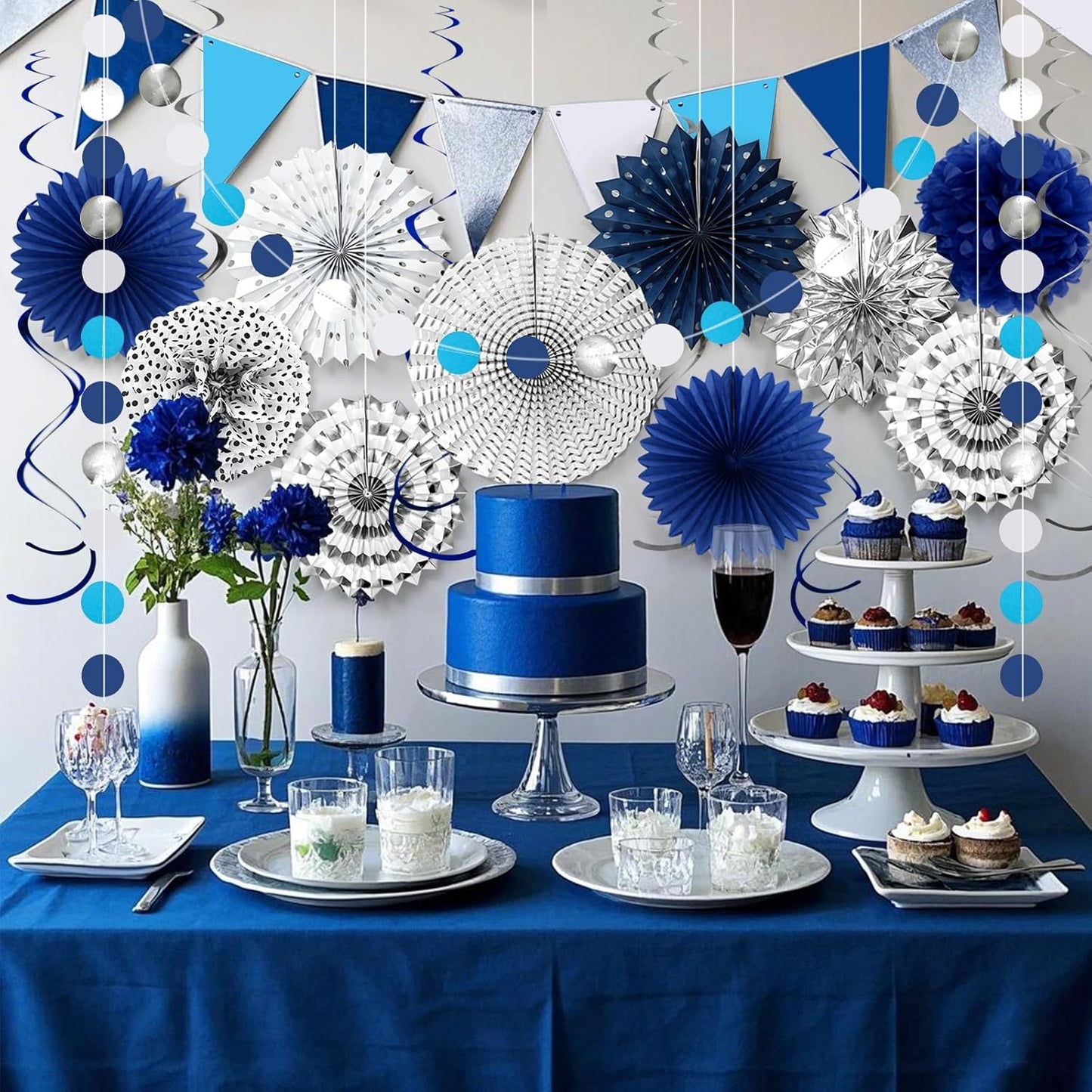 Navy-Blue White Silver Graduation Party-Decorations 33pcs Kits Banner, Paper Lantern Fans,Tissue Pom Poms Honeycomb, Streamers Tassel Garland,Bridal Shower Birthday Wedding Bachelorette Decor