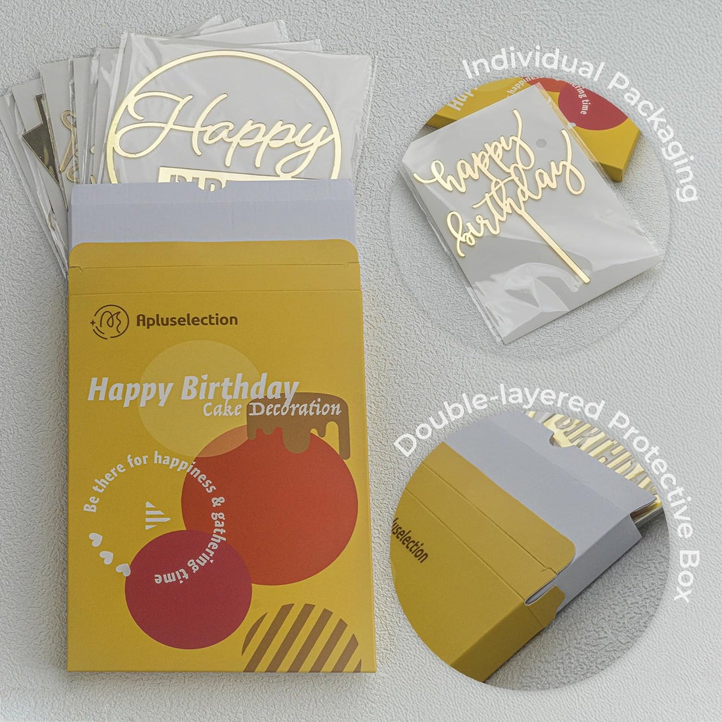 6-Pack Acrylic Birthday Cake Toppers, Minimalist Gold Happy Birthday Sign for Cake Decorations