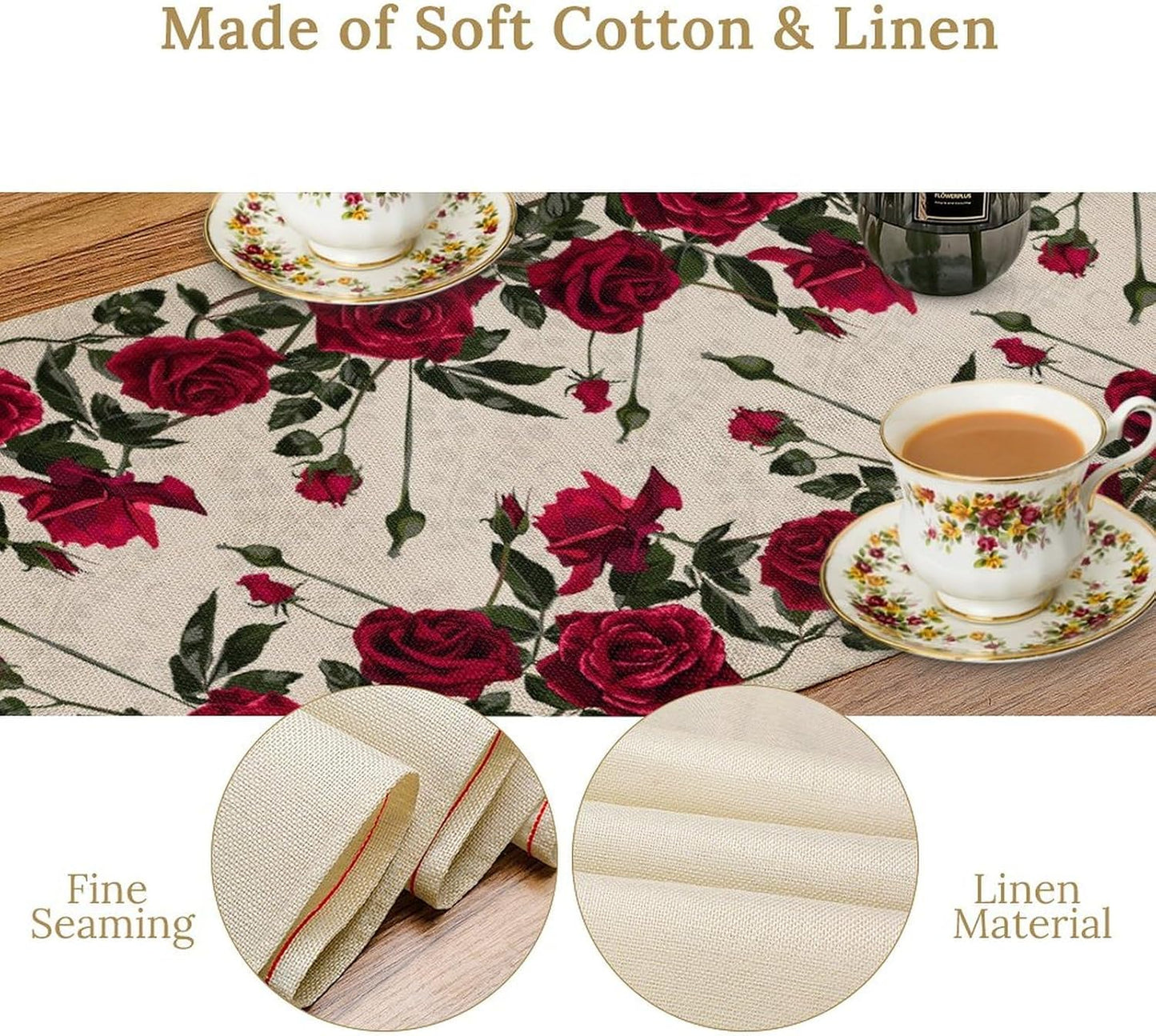 Rose Table Runner, Retro Red Rose Flowers Green Leaves Valentine's Day Kitchen Dinning Table Runner for Indoor Outdoor Home Wedding Party Holiday, 13x108 Inch