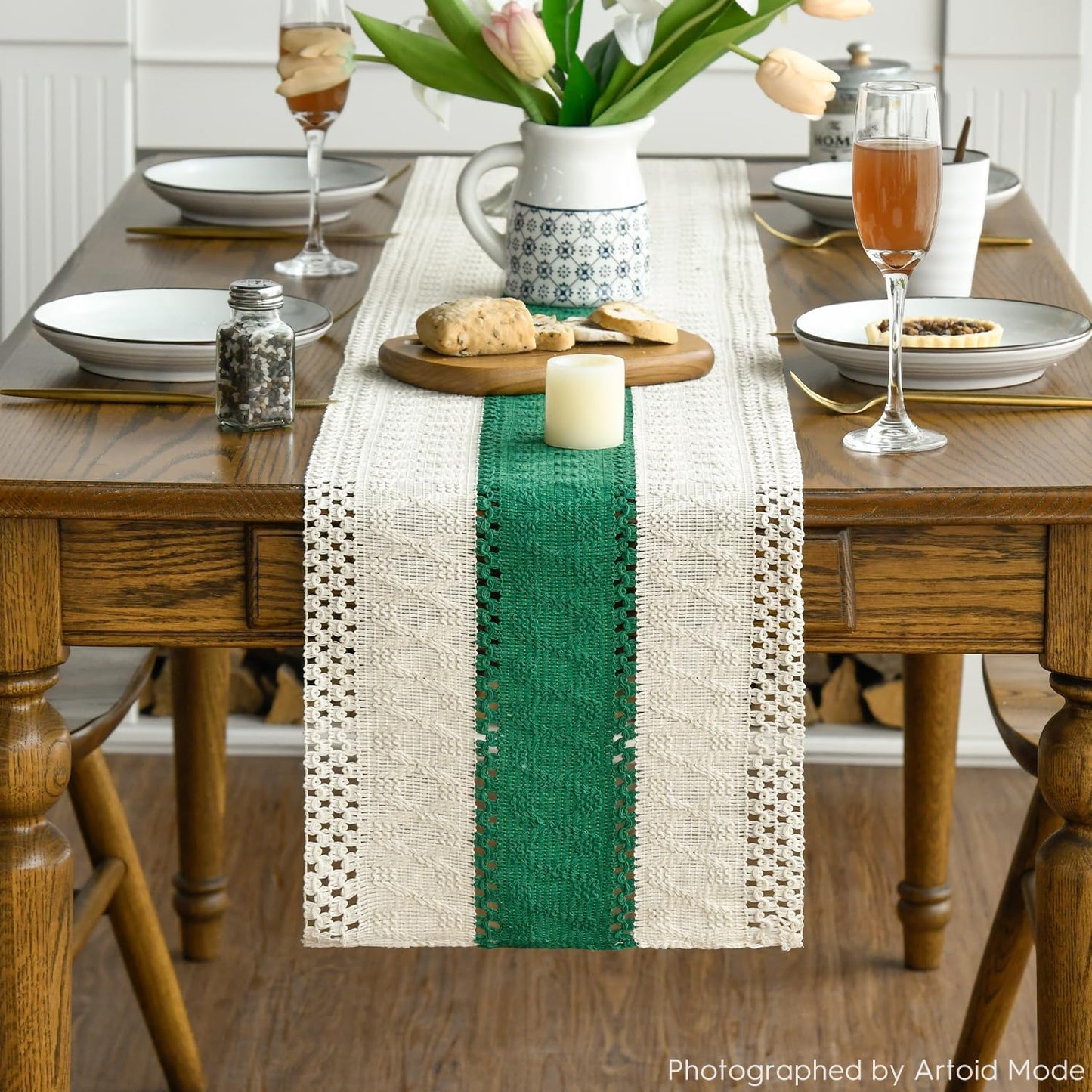 Artoid Mode Dark Green Farmhouse Rustic Table Runner, Seasonal Holiday Hollow Kitchen Dining Table Decoration for Home Party Decor 12x60 Inch