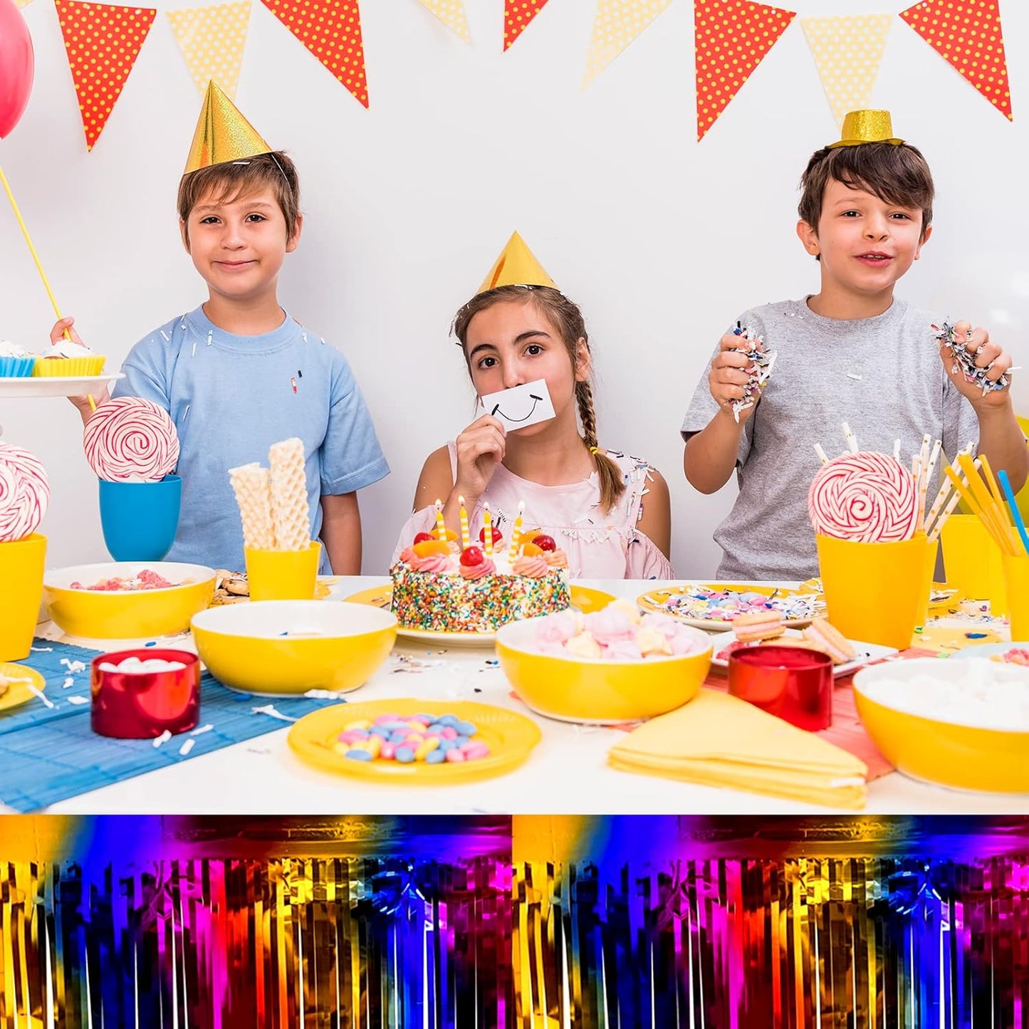 6 Pack 29x108 Inch Metallic Foil Fringe Tinsel Table Skirts Banner for Rectangle Tables Streamer Garland Curtains Backdrop for Wedding, Birthday, Parade Floats, Halloween Party Decoration(Rainbow)