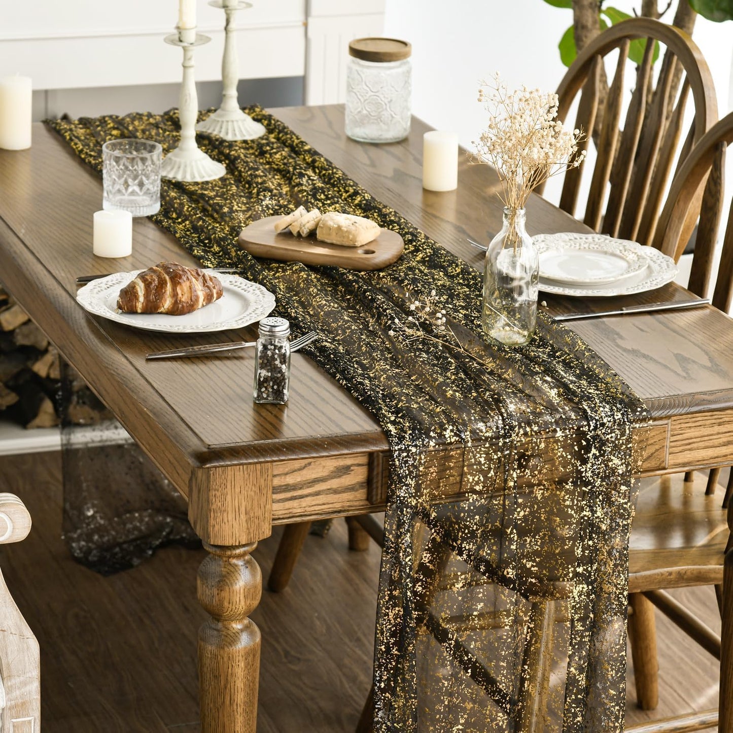 Artoid Mode 6Pcs Black Gold Gauze Table Runner 120 Inch 10FT, Glitter Metallic Foil Sheer Dining Wedding Anniversary Holiday Birthday Table Decor for Home Party